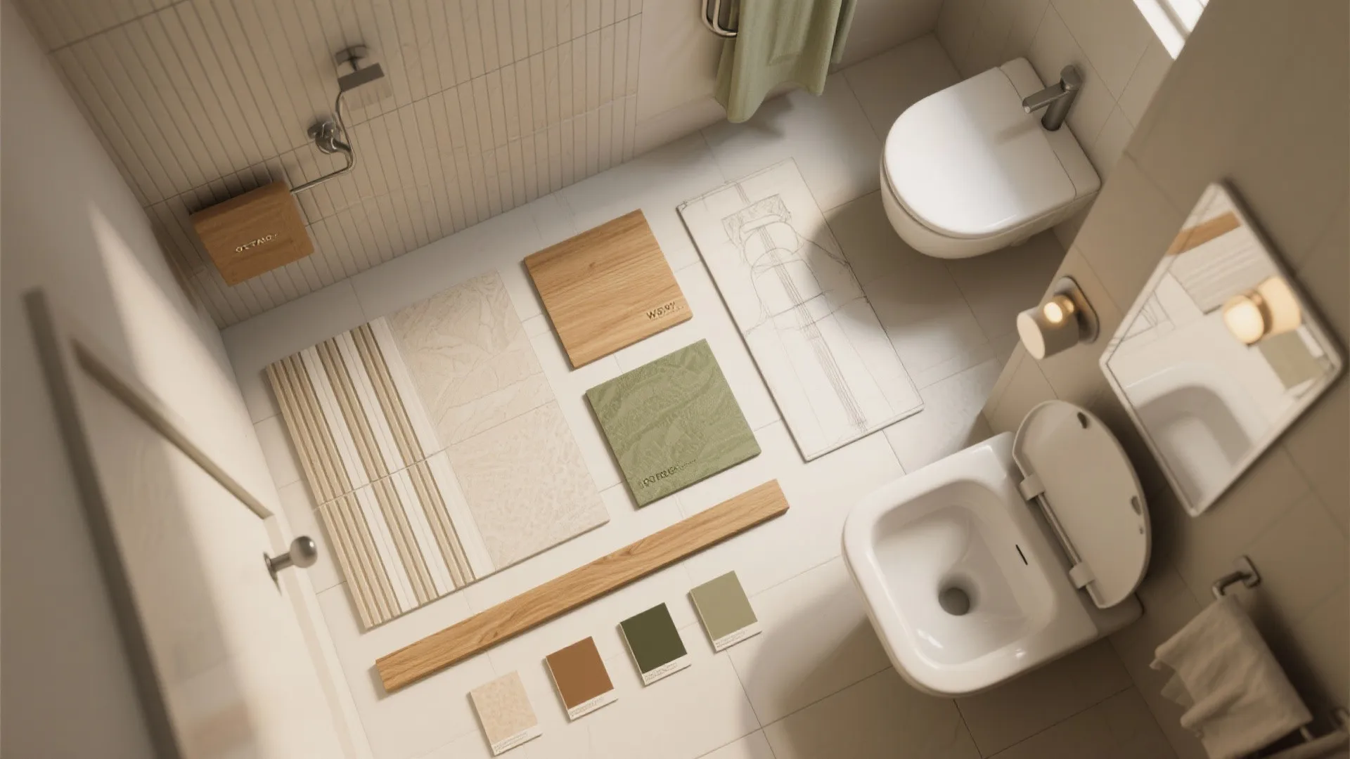 Top view of bathroom material samples including wood tiles green fabric and white toilet fixture