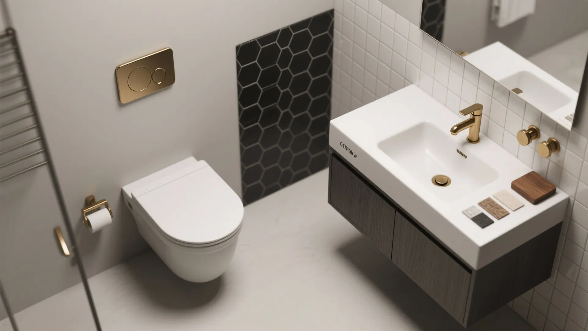 Flatlay of compact wall-mounted fixtures, tile samples and brass fittings for a small wet bathroom.