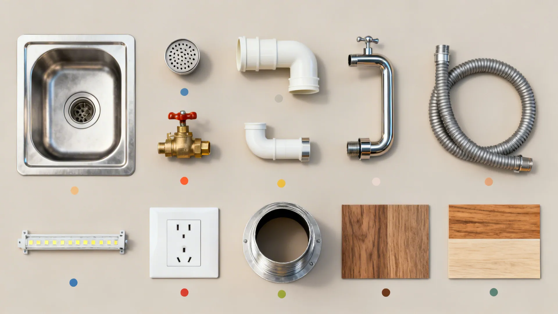 Flatlay of kitchen fixtures and material swatches arranged in a tidy grid for quick reference.