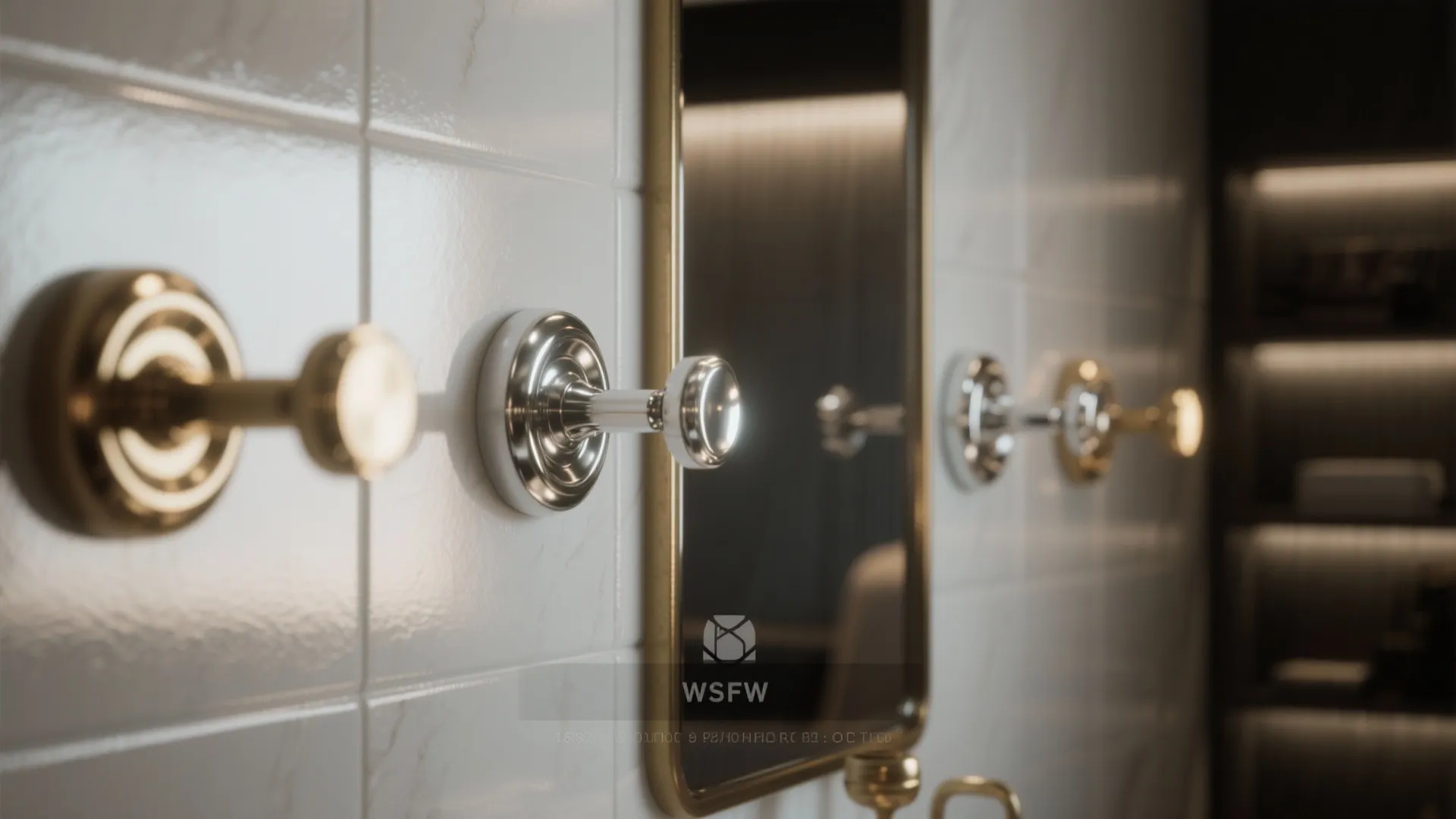 Close up of shiny gold wall hooks mounted on white tiles with a mirror reflection