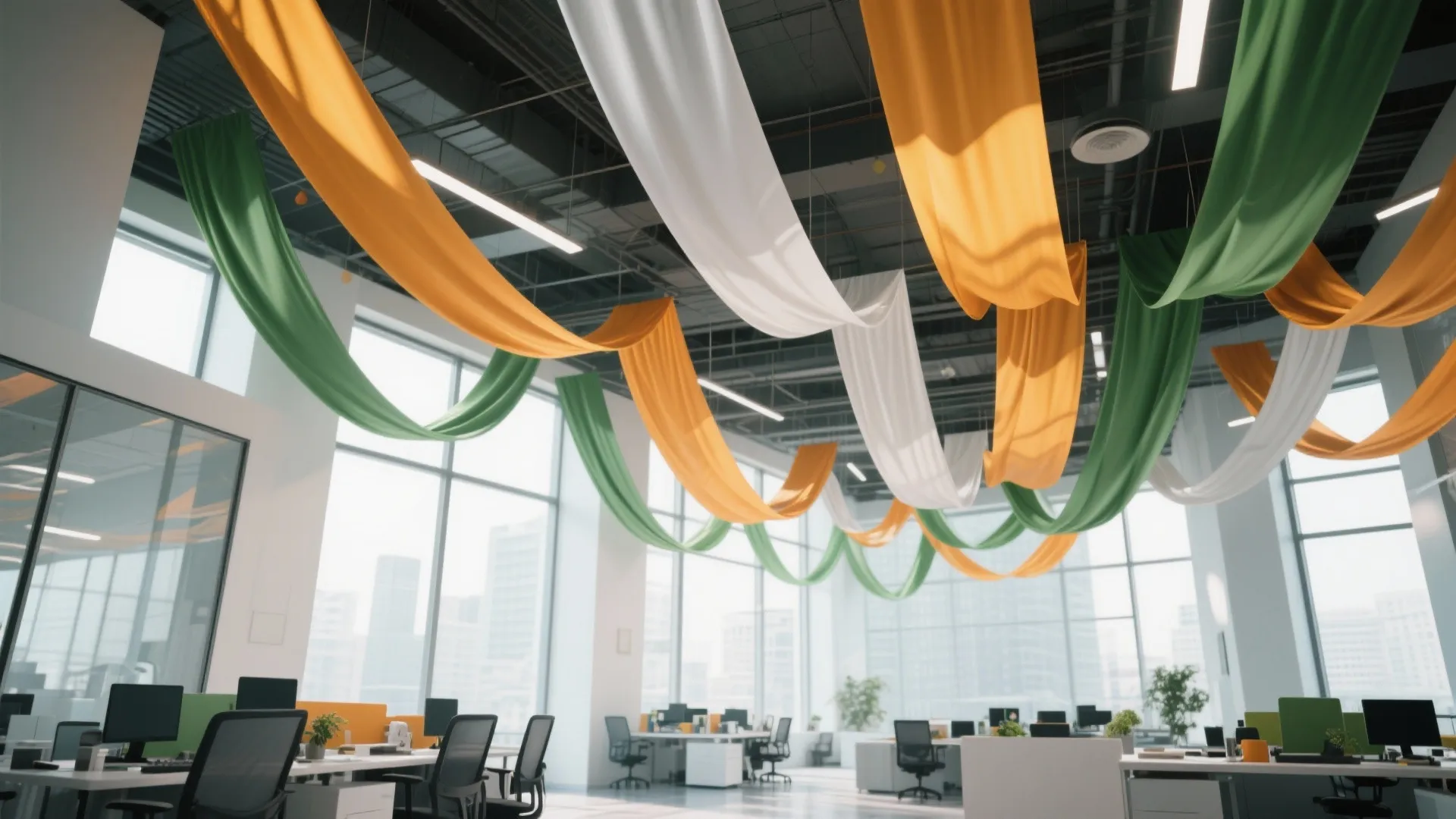 Modern open office with green and orange fabric ceiling decorations above desks and black chairs