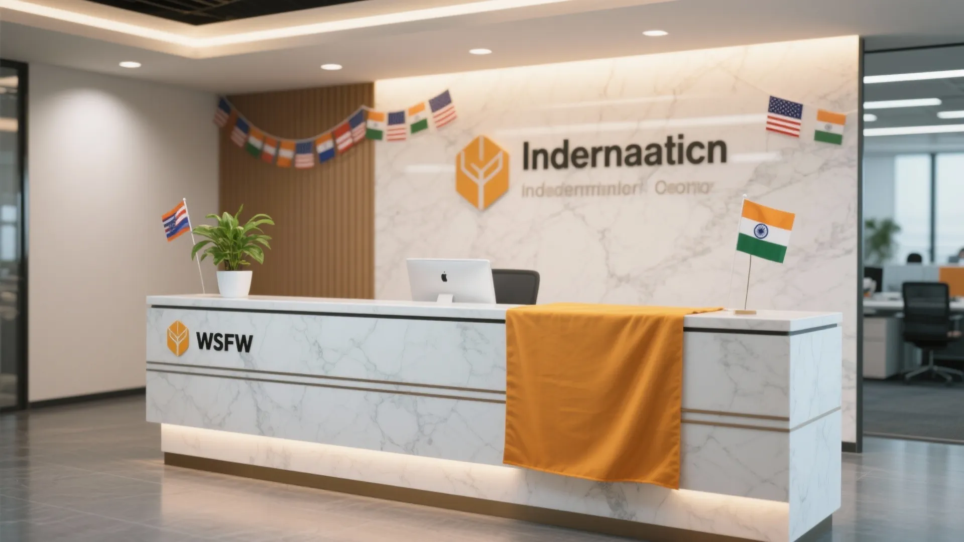 Modern marble reception desk with orange cloth small flags logo on wall and light fixtures