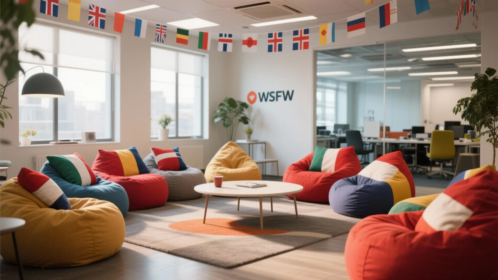 Office breakout room with colourful bean bags round coffee table hanging flags and a large window