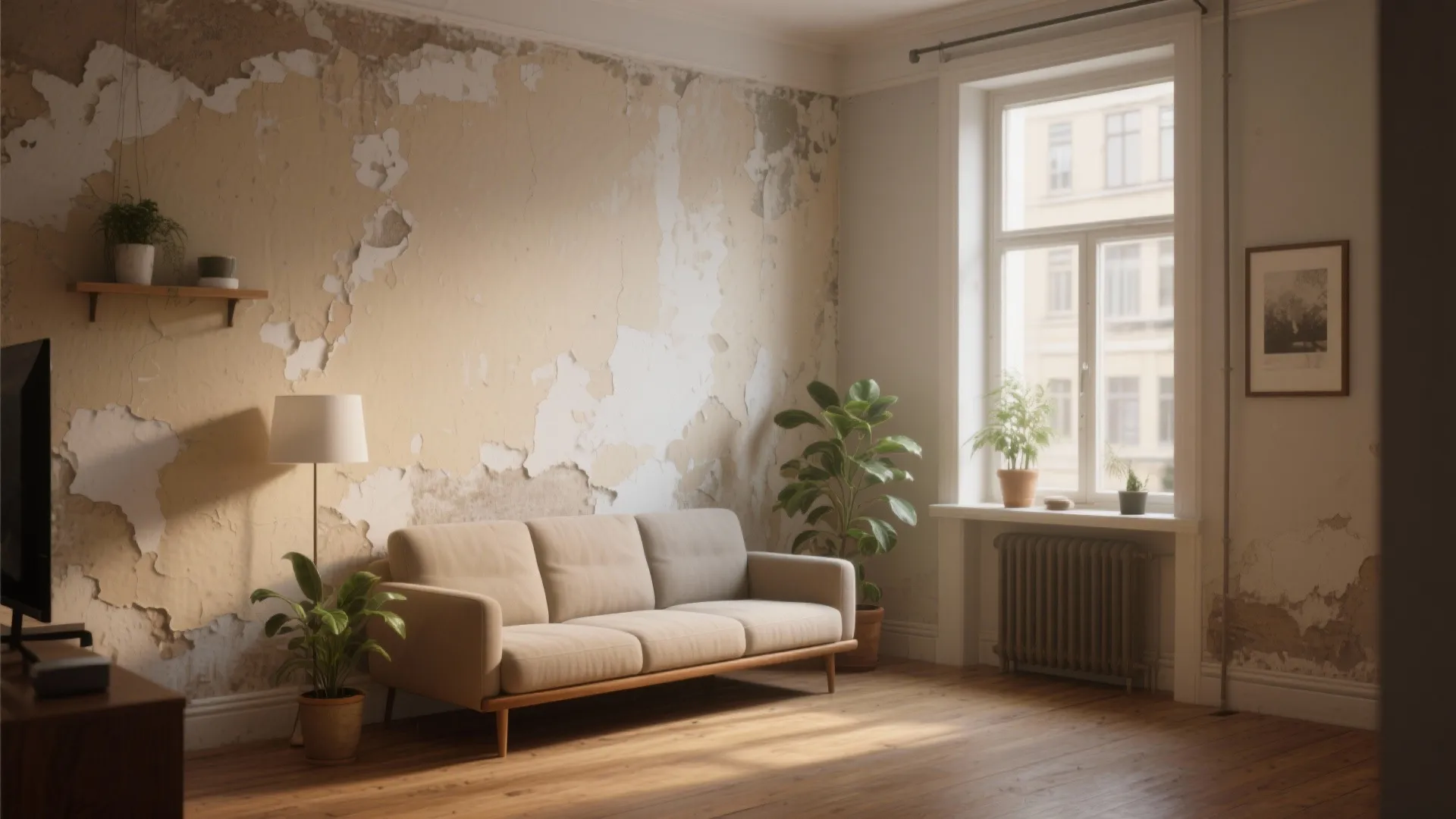 Simple living room with beige sofa green potted plants wooden floor and peeling paint wall