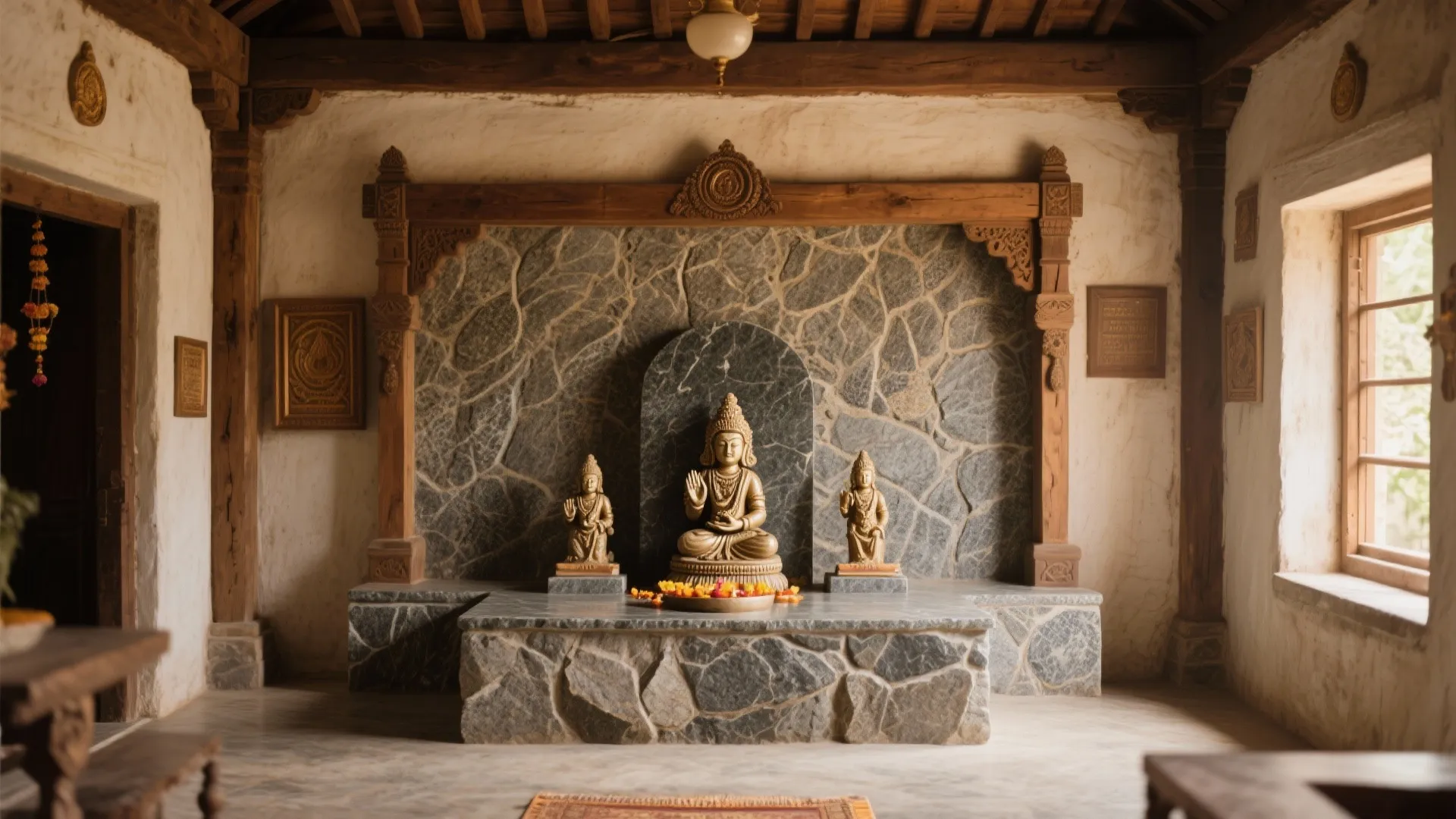 Traditional stone prayer room featuring golden statues, grey rock wall panel, wooden beams, and natural light