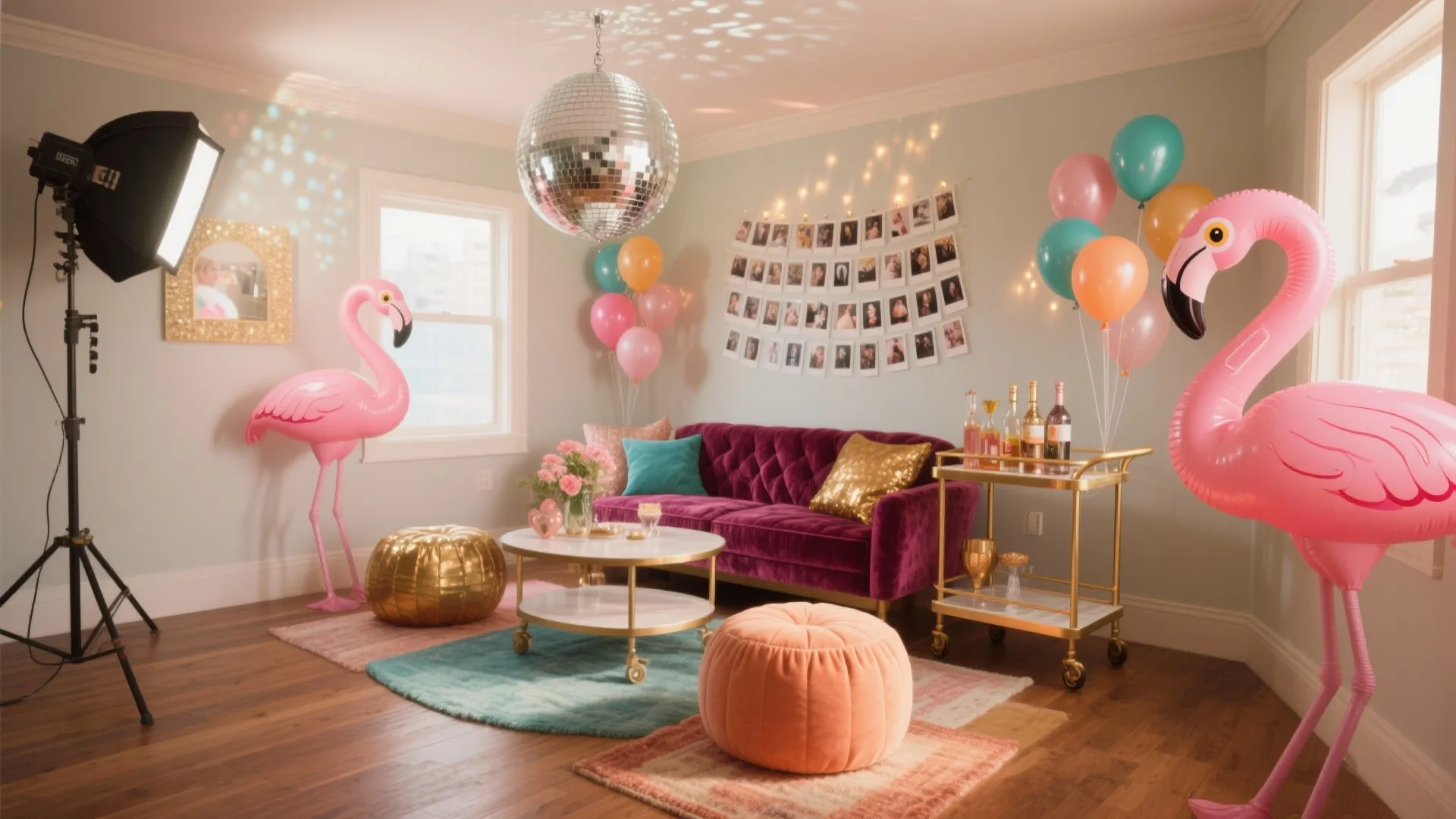 Bright party living room featuring purple sofa, disco ball, pink flamingos, balloons, and gold footrests