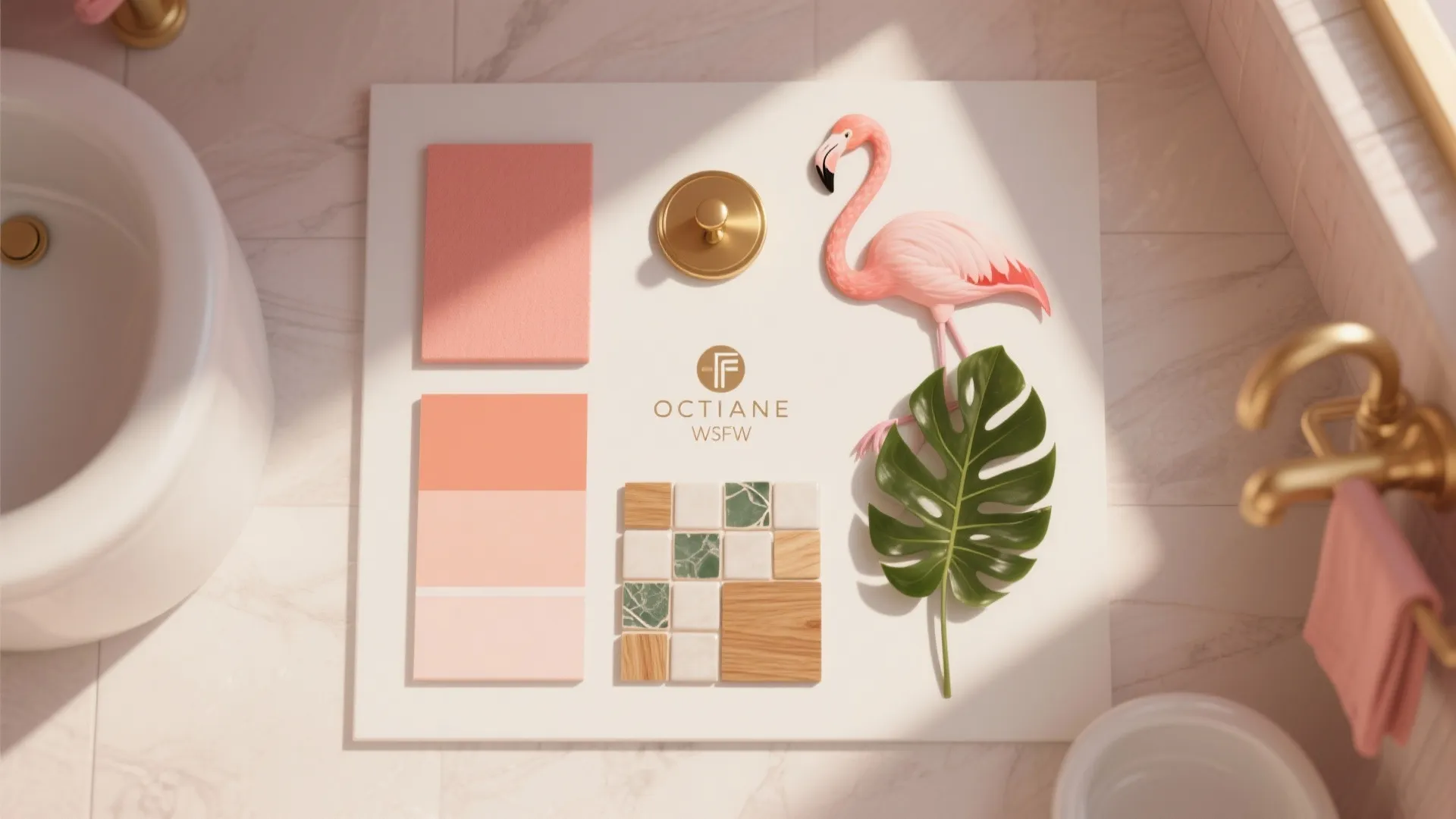 Moodboard flatlay of color swatches, tile fragment, metal sample and faux plant for flamingo bathroom ideas.