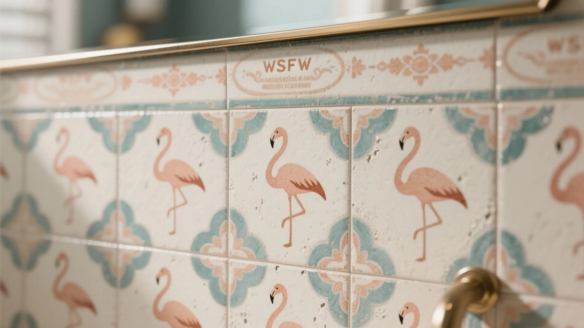 Close-up of encaustic-style tiles with flamingo silhouettes in coral and teal tones.