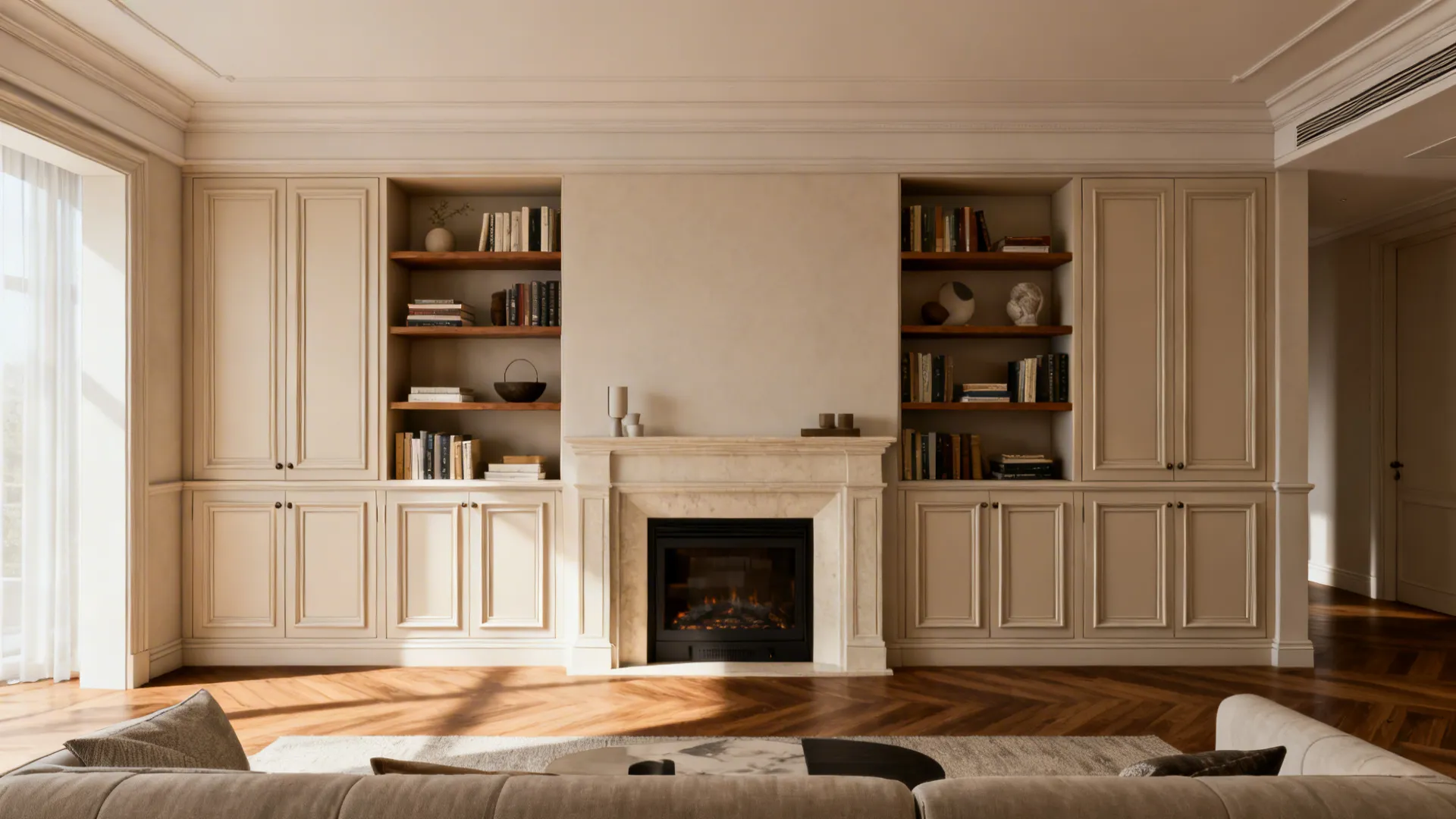 Fireplace with symmetrical built-in bookcase cabinets and closed lower storage.