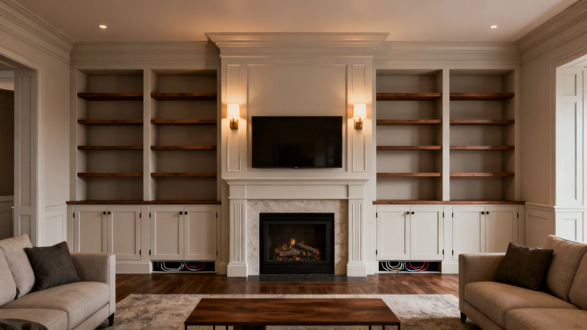 Built-in shelves flanking a fireplace with lower cabinets for concealed storage and a balanced, symmetrical layout.