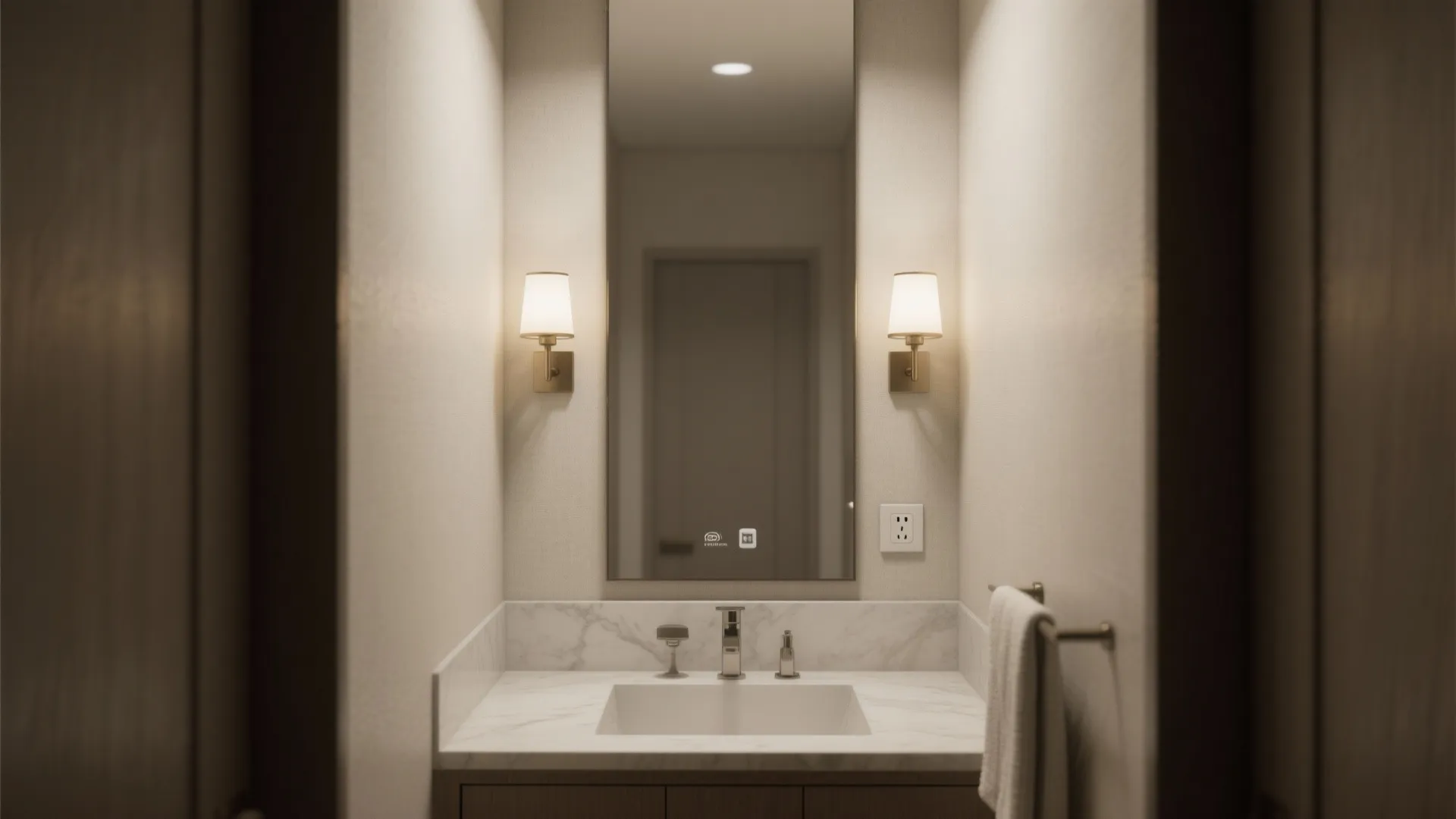 Modern bathroom sink area with two wall lights beside mirror and a white power outlet