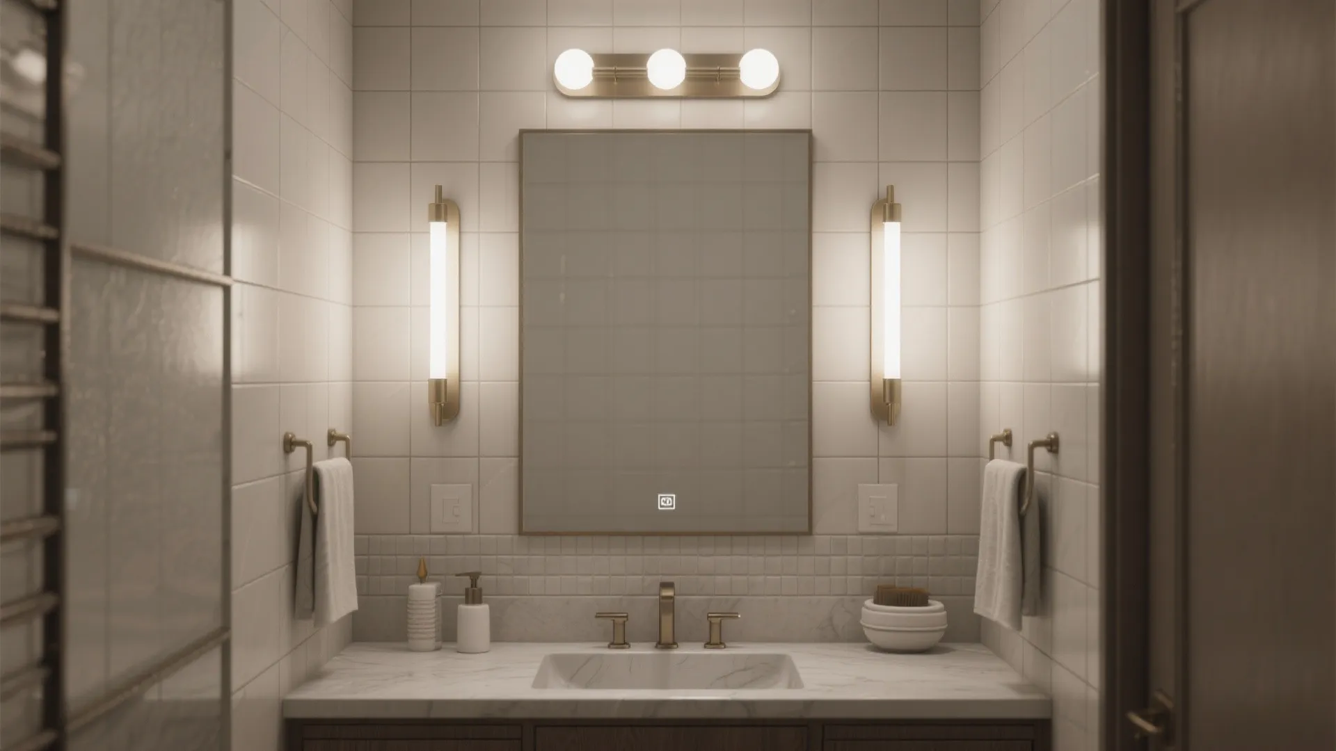 Bathroom with a central 3-bulb fixture and vertical sconces flanking the mirror for balanced lighting