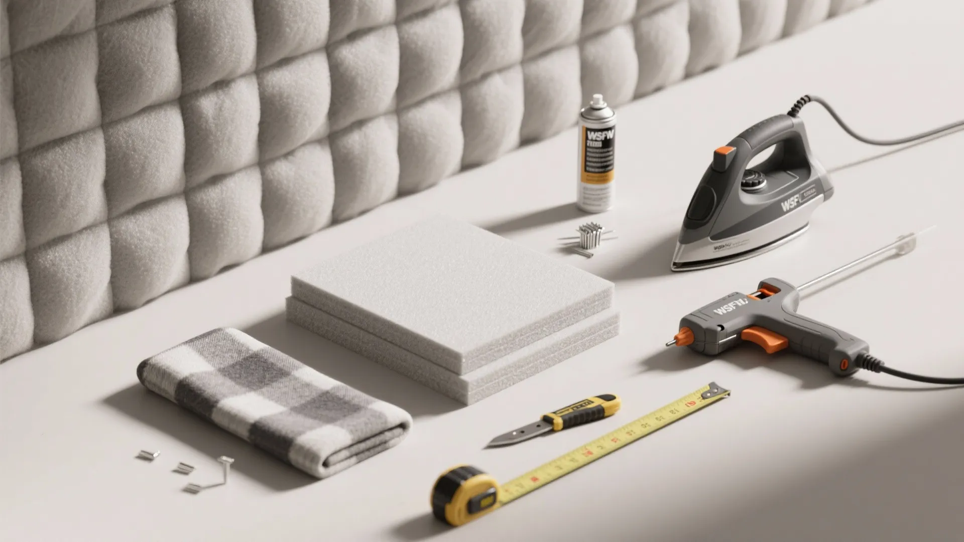 Selection of home improvement tools including iron glue gun tape measure and white foam blocks