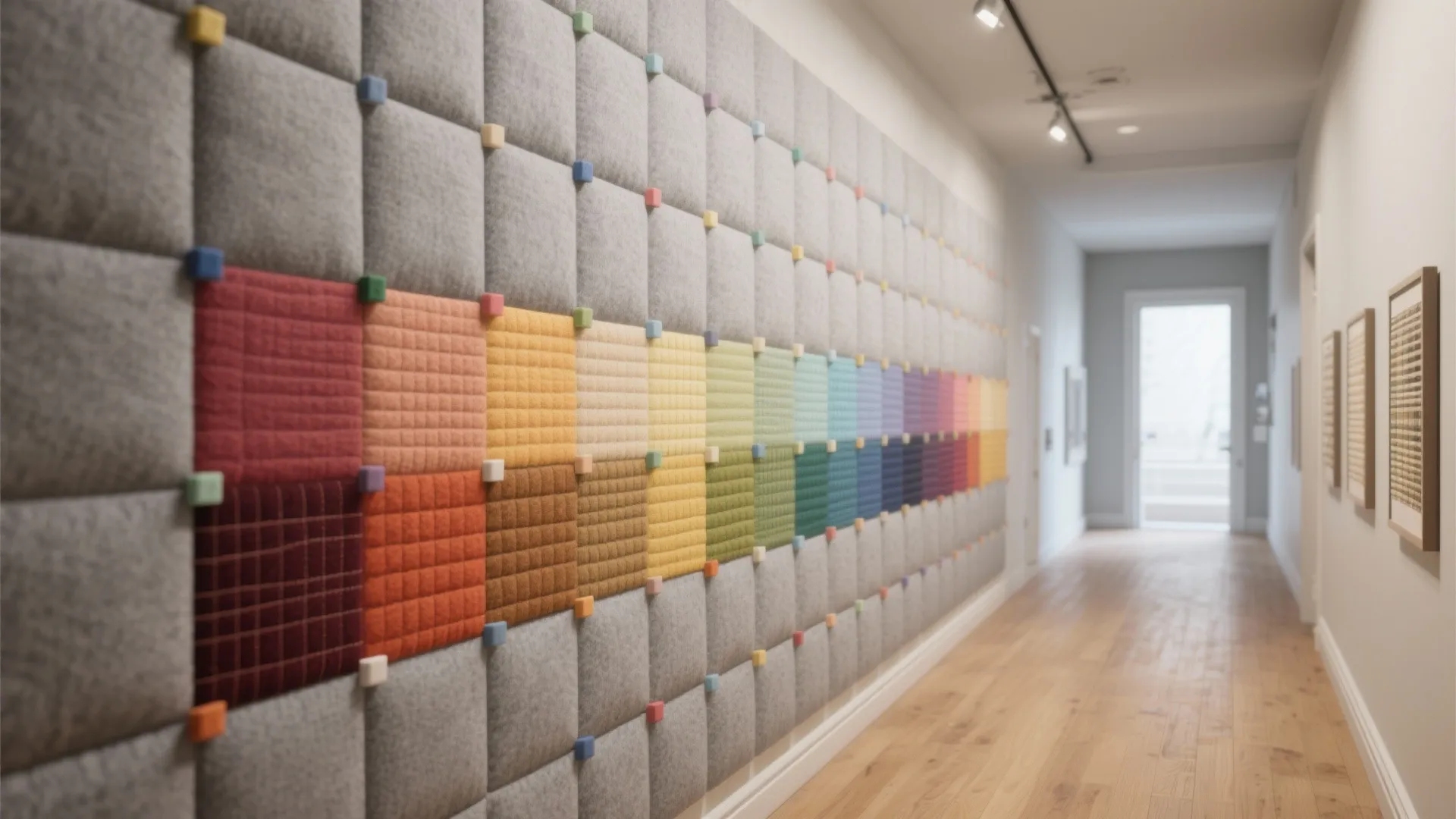 Modern hallway featuring a colorful padded wall panel with square sections and a wooden floor