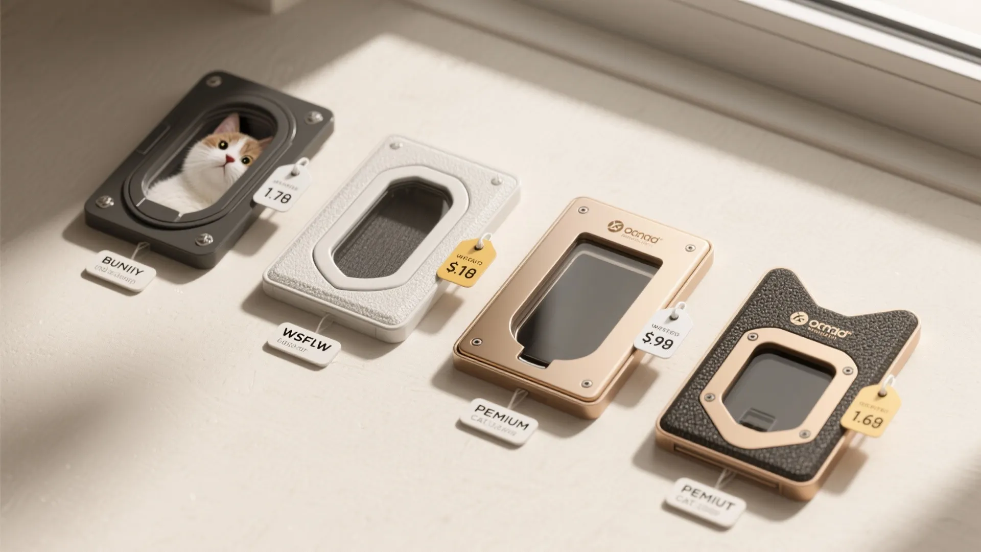 Four different cat door frame options in black white gold and leather with price tags