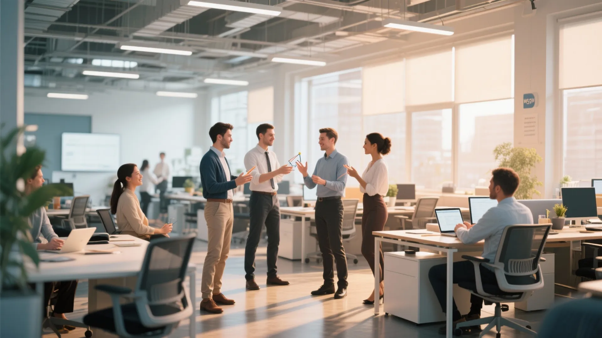 Office employees standing and talking in a bright modern open workspace with desks and windows