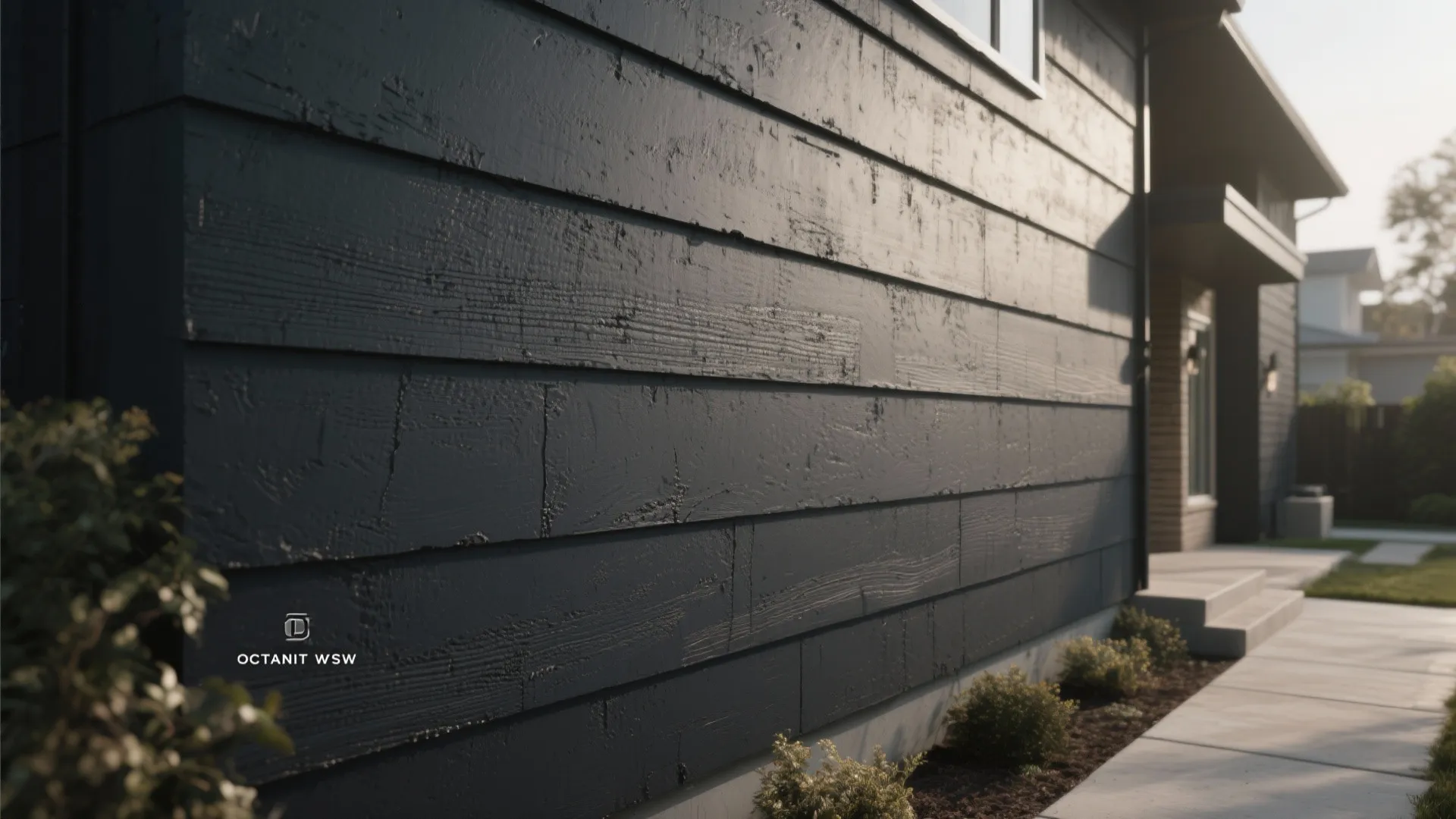 Exterior wall with dark horizontal wood panels showing texture and sunlight on a modern house