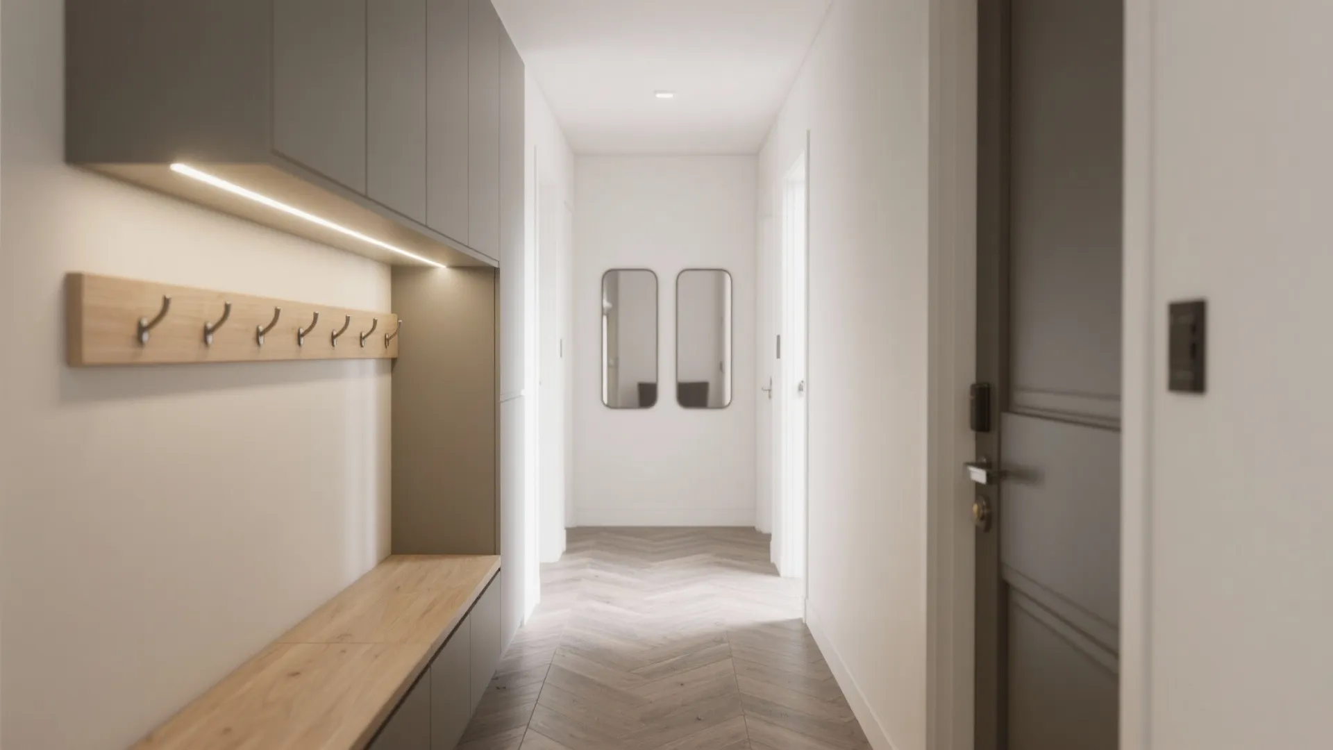 Modern entrance hallway with wood bench coat hooks wall cabinet mirrors and light wood flooring