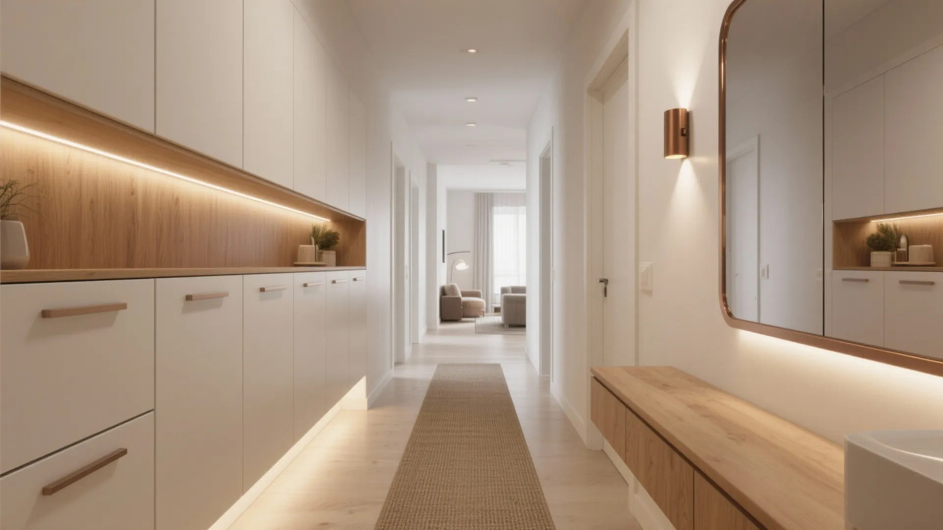 Modern white hallway interior design featuring wooden cabinets wall light mirror and long floor rug