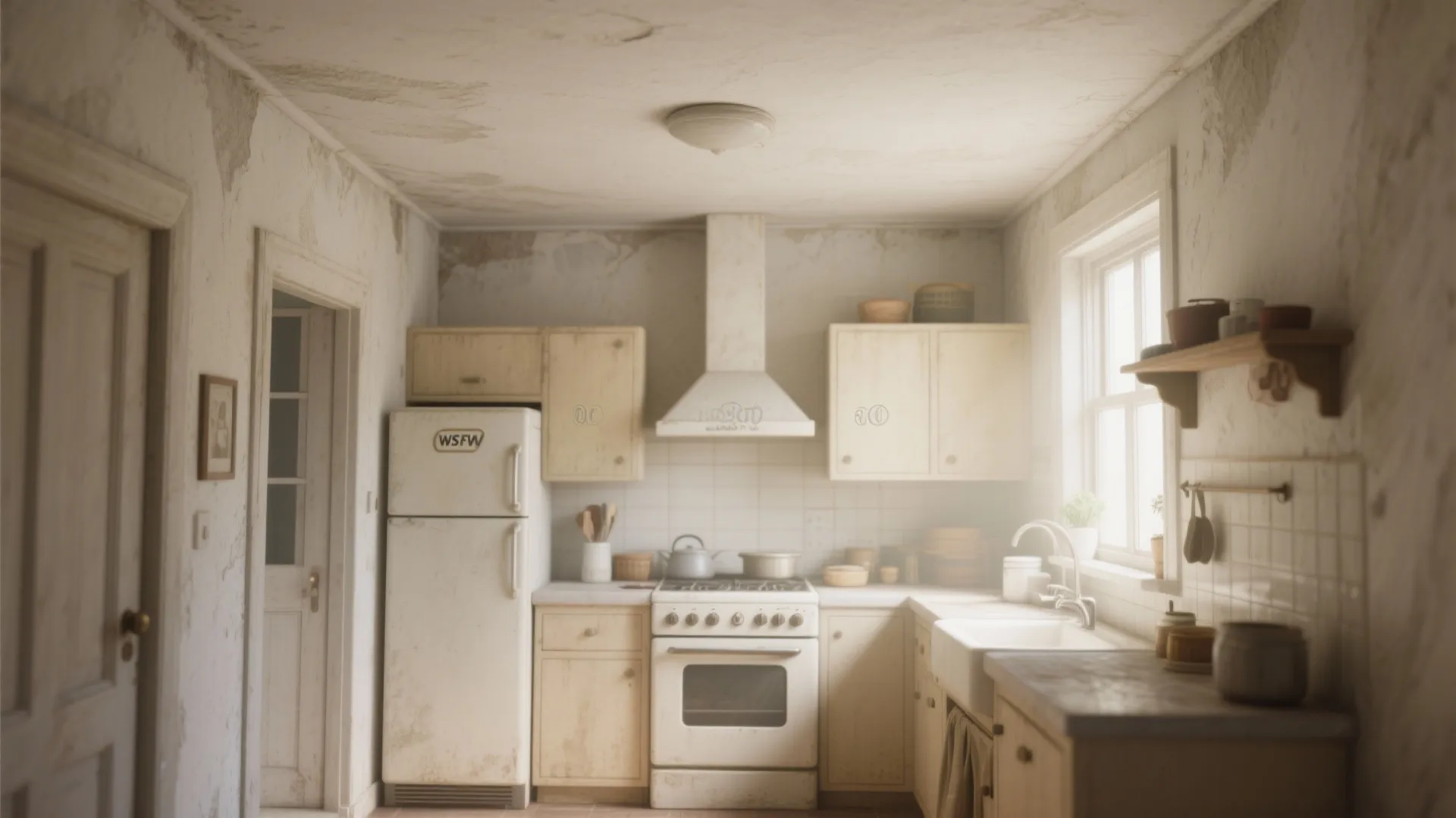 A small kitchen with worn white walls wood cabinets white fridge and a ceiling light