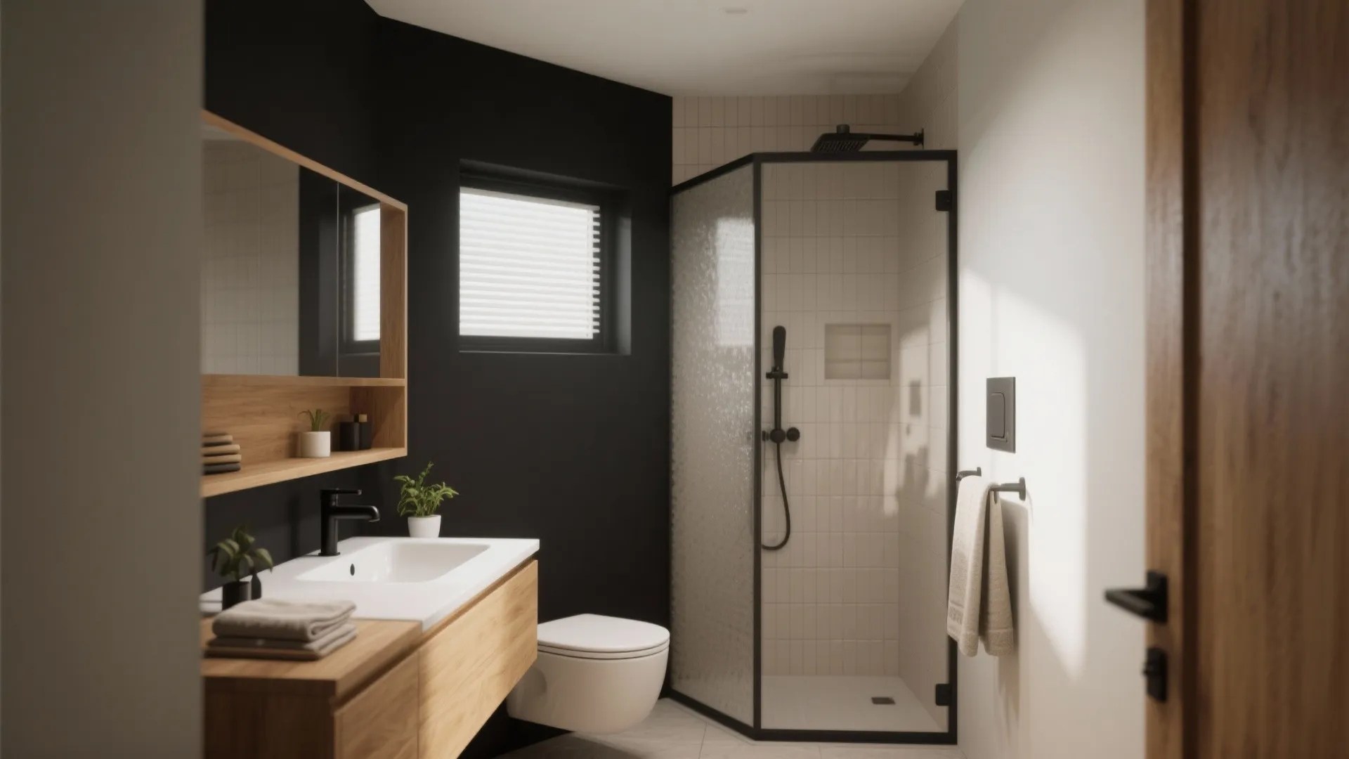Contemporary bathroom with black wall wooden cabinet white sink glass shower room and window blinds