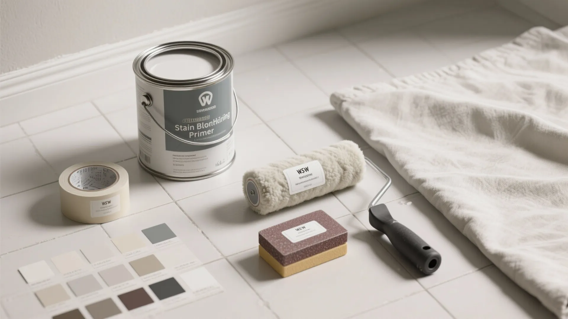 Home painting supplies including paint bucket roller tape color samples and sponges on white tiled floor