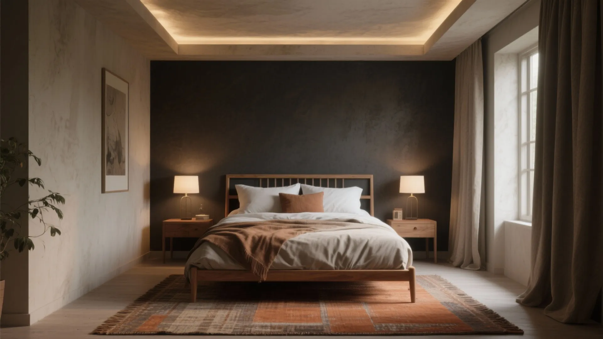 Cozy master bedroom with dark accent wall wooden bed two table lamps and orange rug