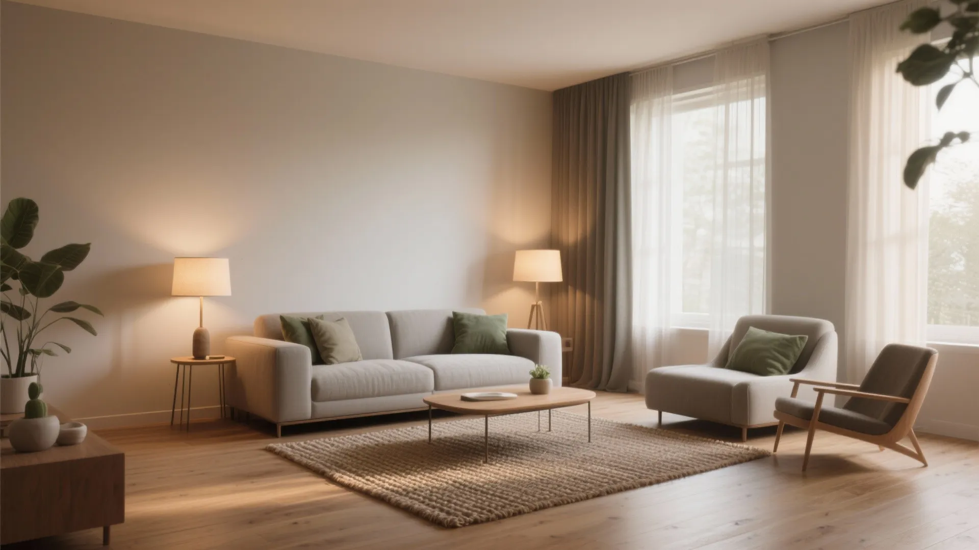 Modern living room with grey sofa armchair coffee table rug and warm table lamps lighting