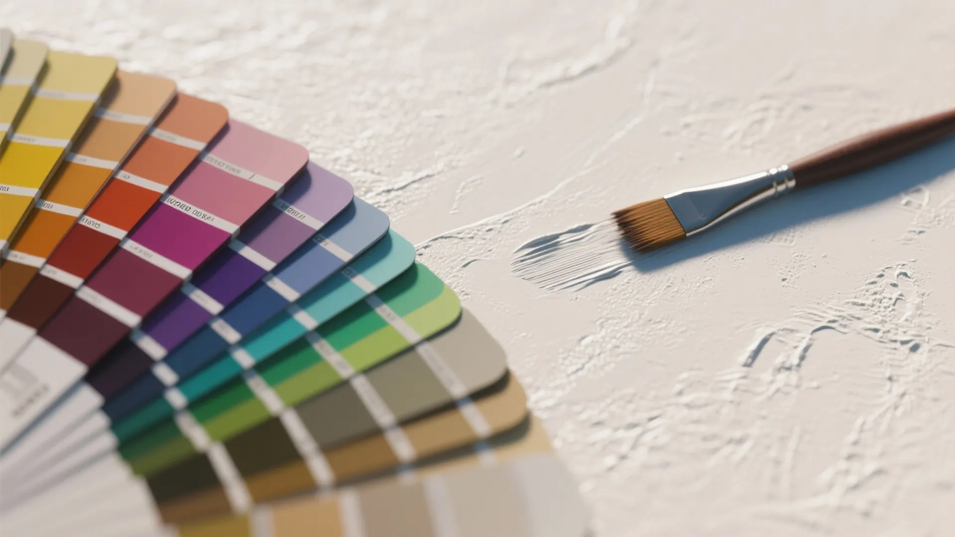 Colorful paint swatches and a small brush applying white paint on a textured wall surface