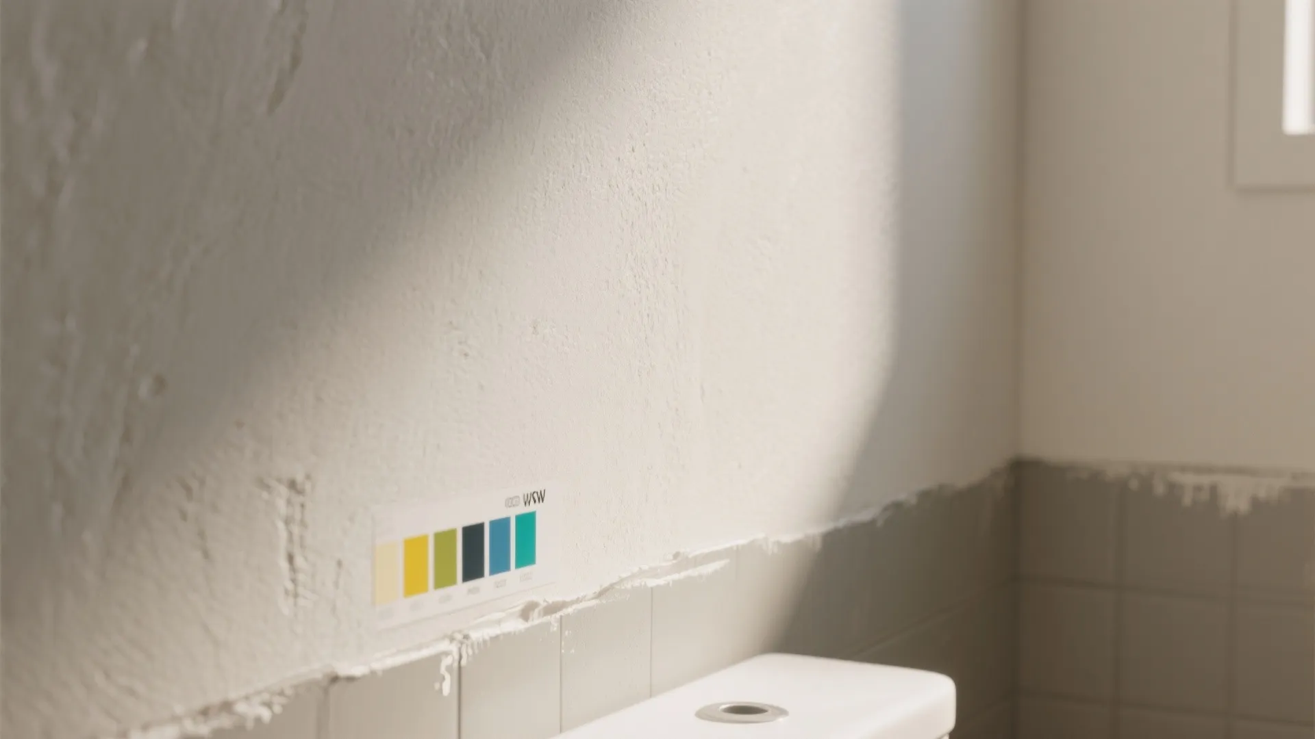 Close up of white wall paint texture with color palette swatches and grey bathroom tiles