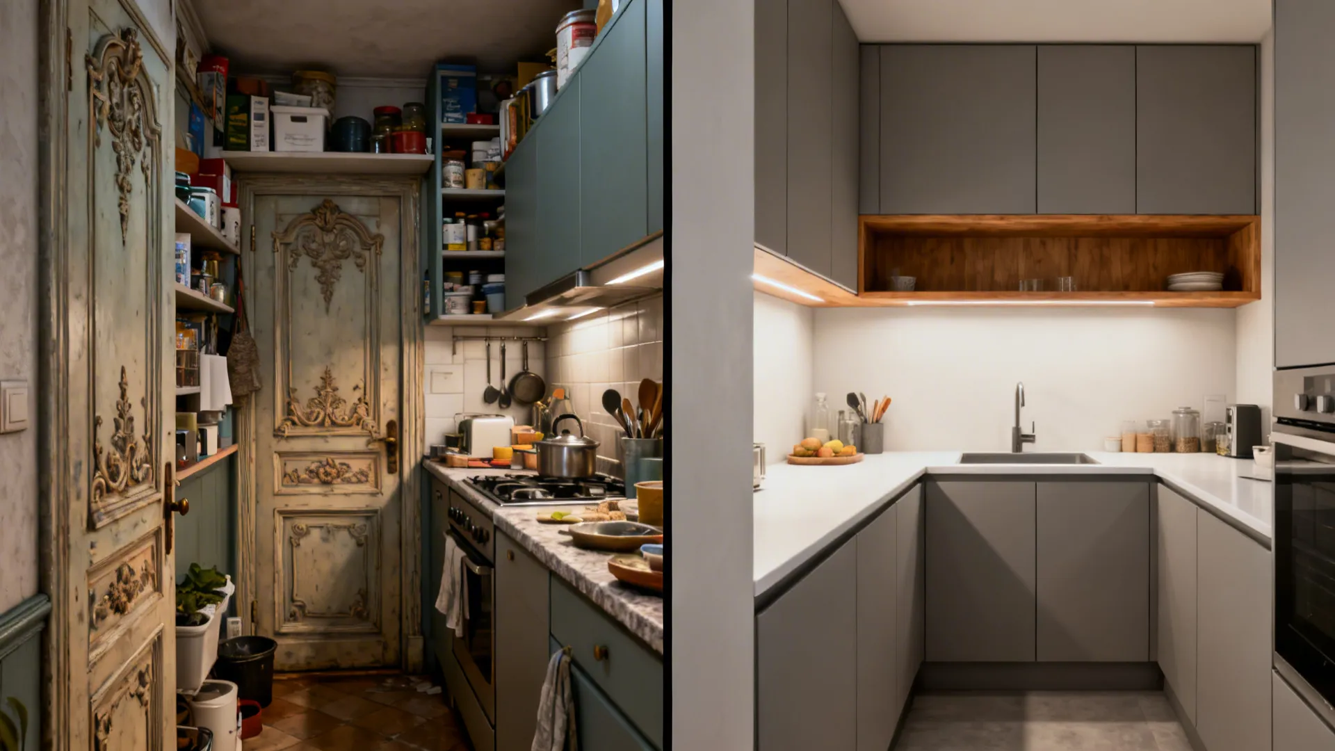 Before-and-after of a small kitchen transforming to matte flat-panel cabinetry.