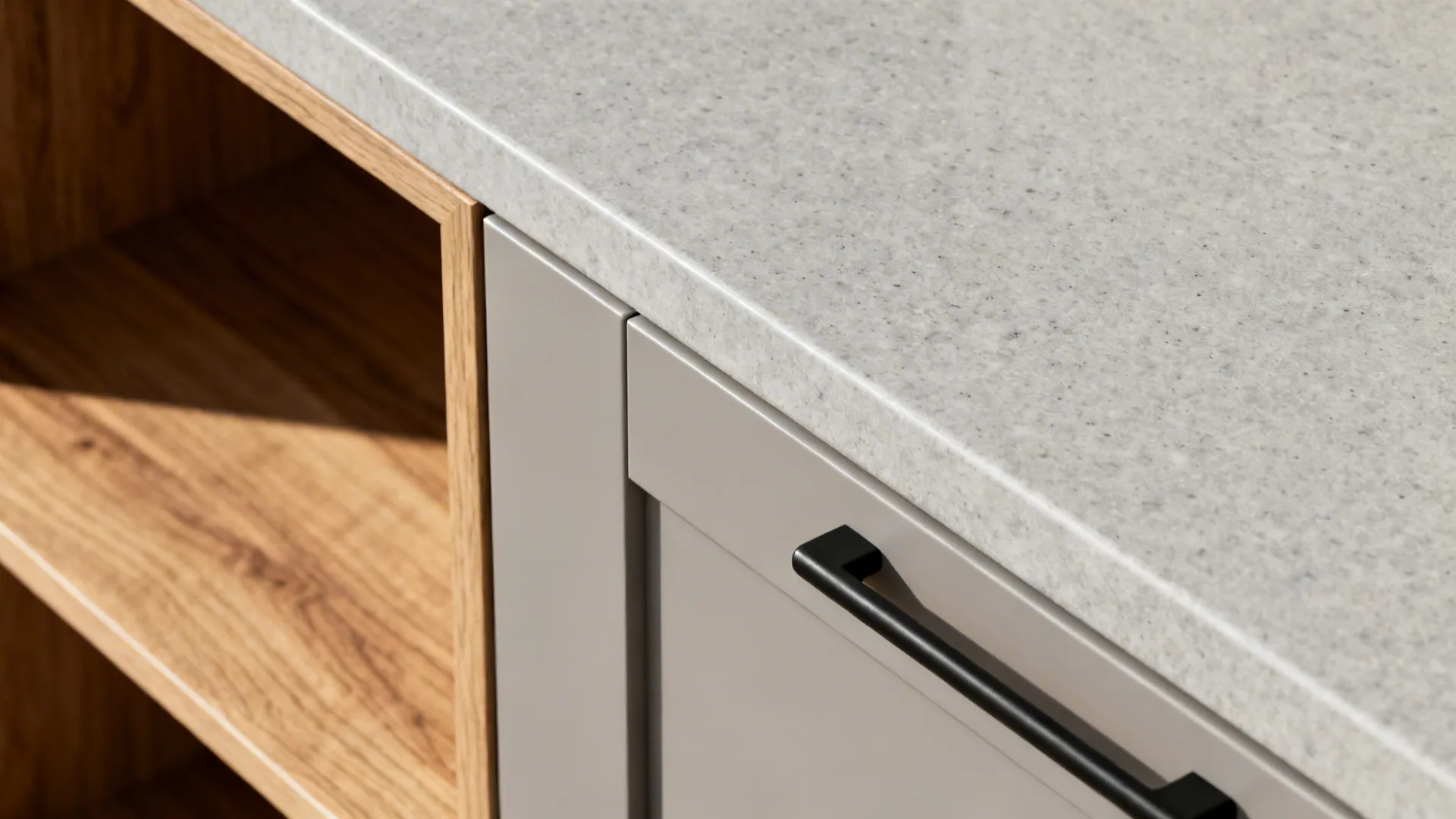 Macro detail of matte flat-panel door, slim pull, and quartz countertop.