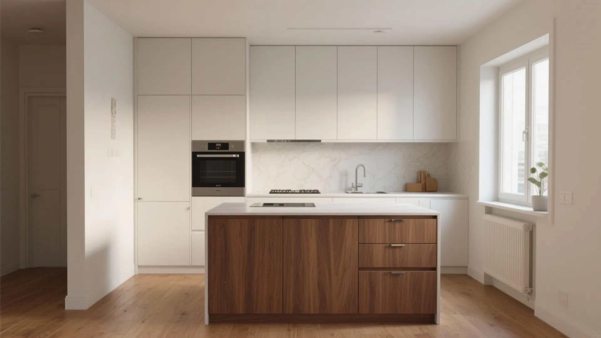 Modern white kitchen with wooden island marble backsplash built-in oven and bright natural light from windows