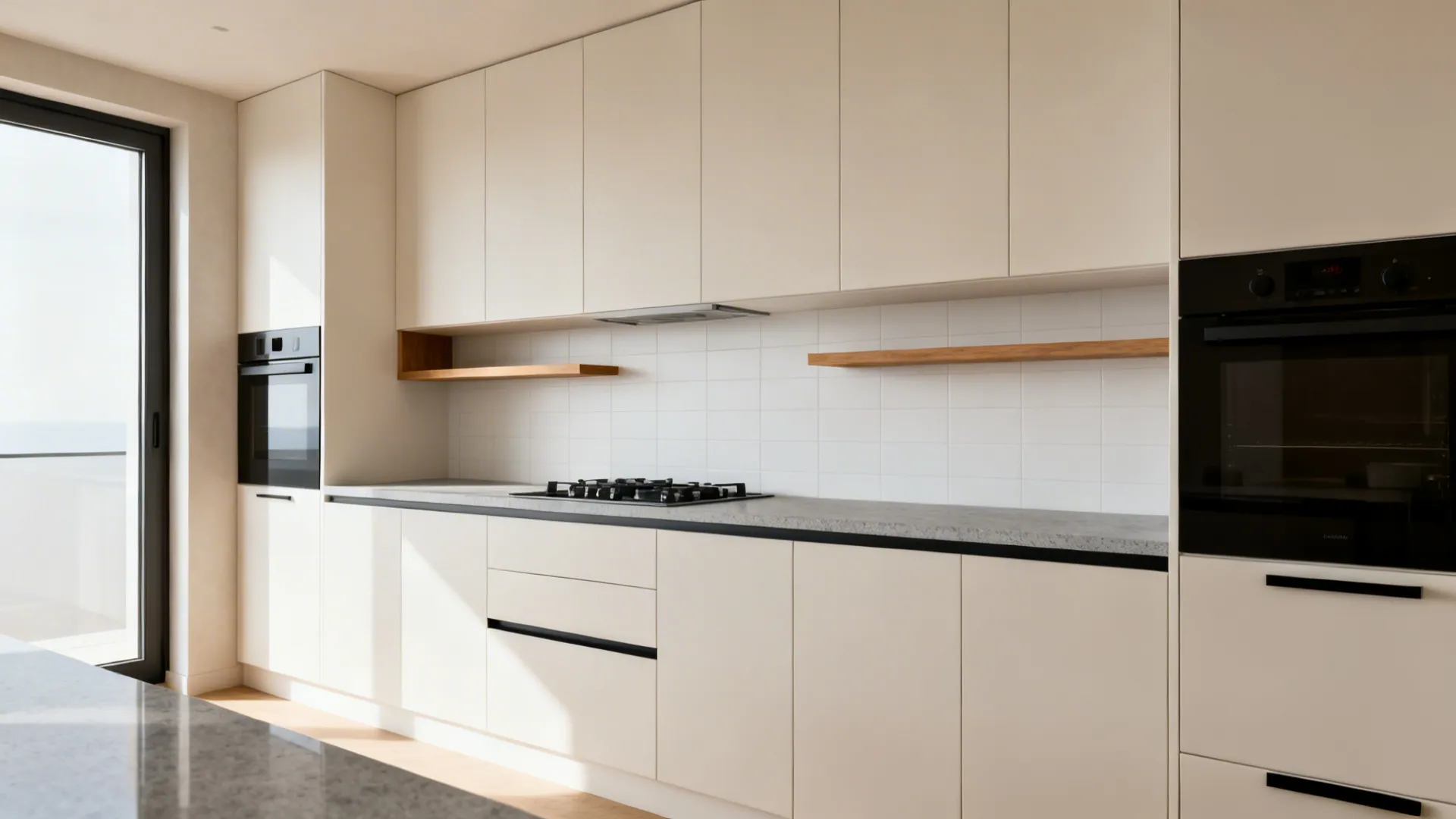 Minimalist flat-panel cabinets in a compact kitchen with oak shelf and matte finishes.