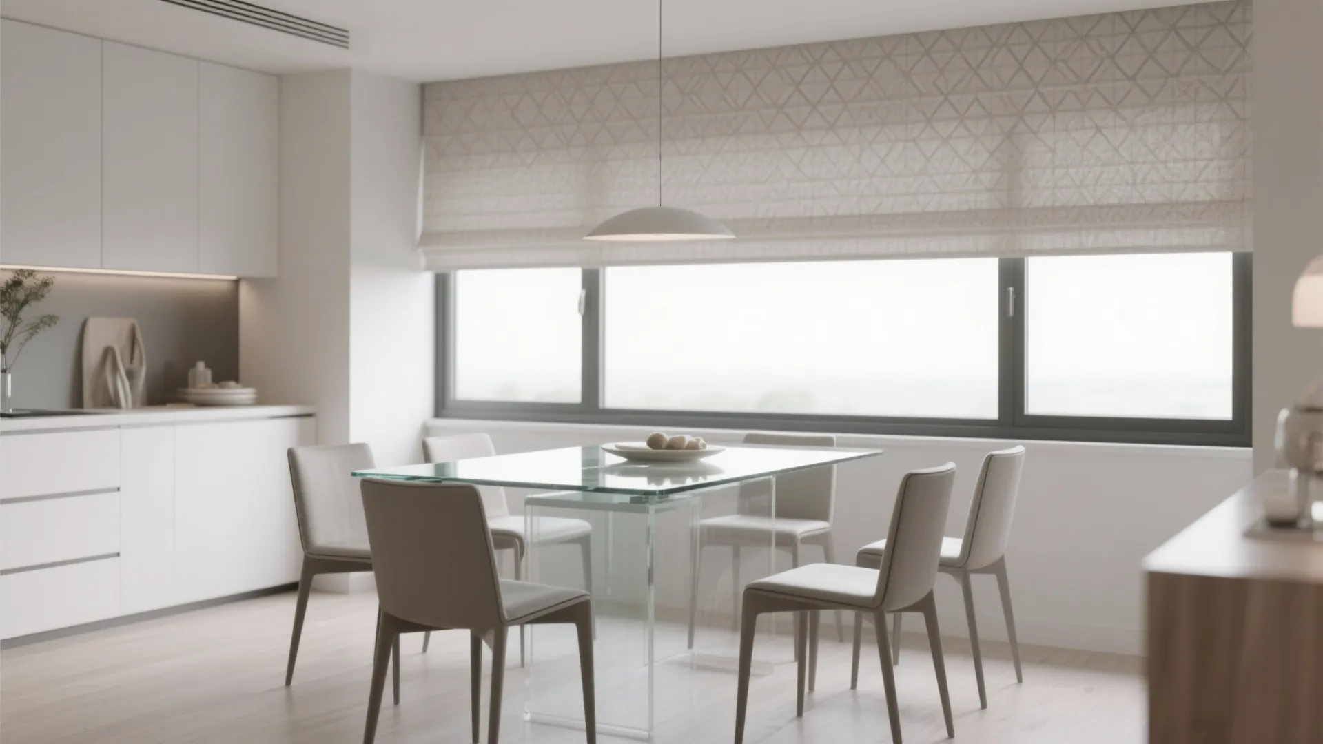 Textured neutral flat panel valance in modern dining room