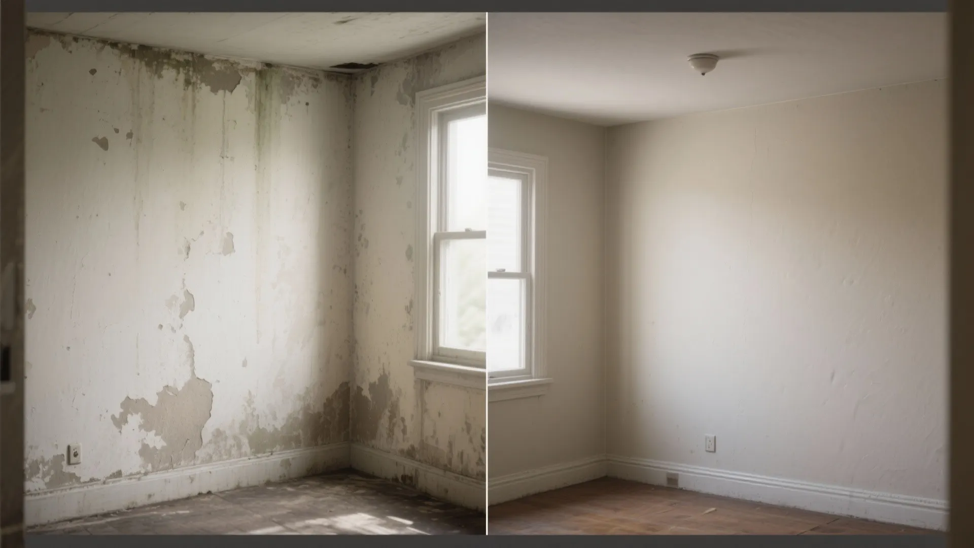 Before-and-after comparison showing a rental wall refreshed by a single flat coat of ceiling paint to mute sheen and hide minor flaws.