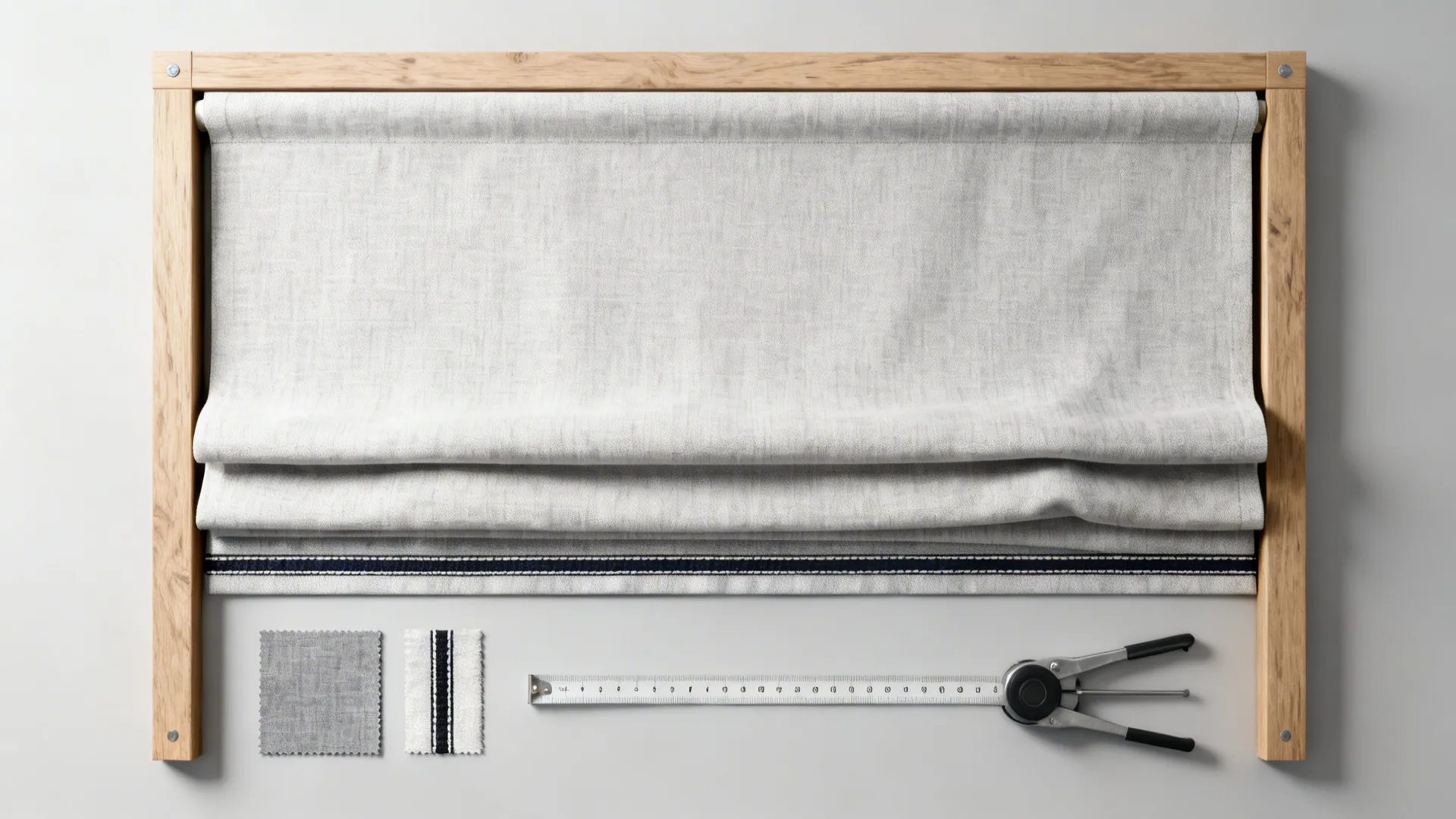 Grey curtain fabric inside wooden frame with measuring tool and two small square fabric samples
