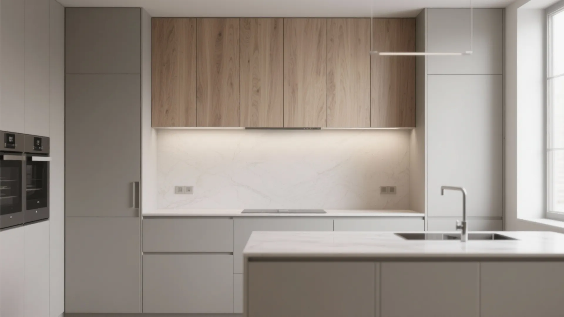 Modern kitchen with flat-panel veneer wood grain cabinet doors and minimal hardware