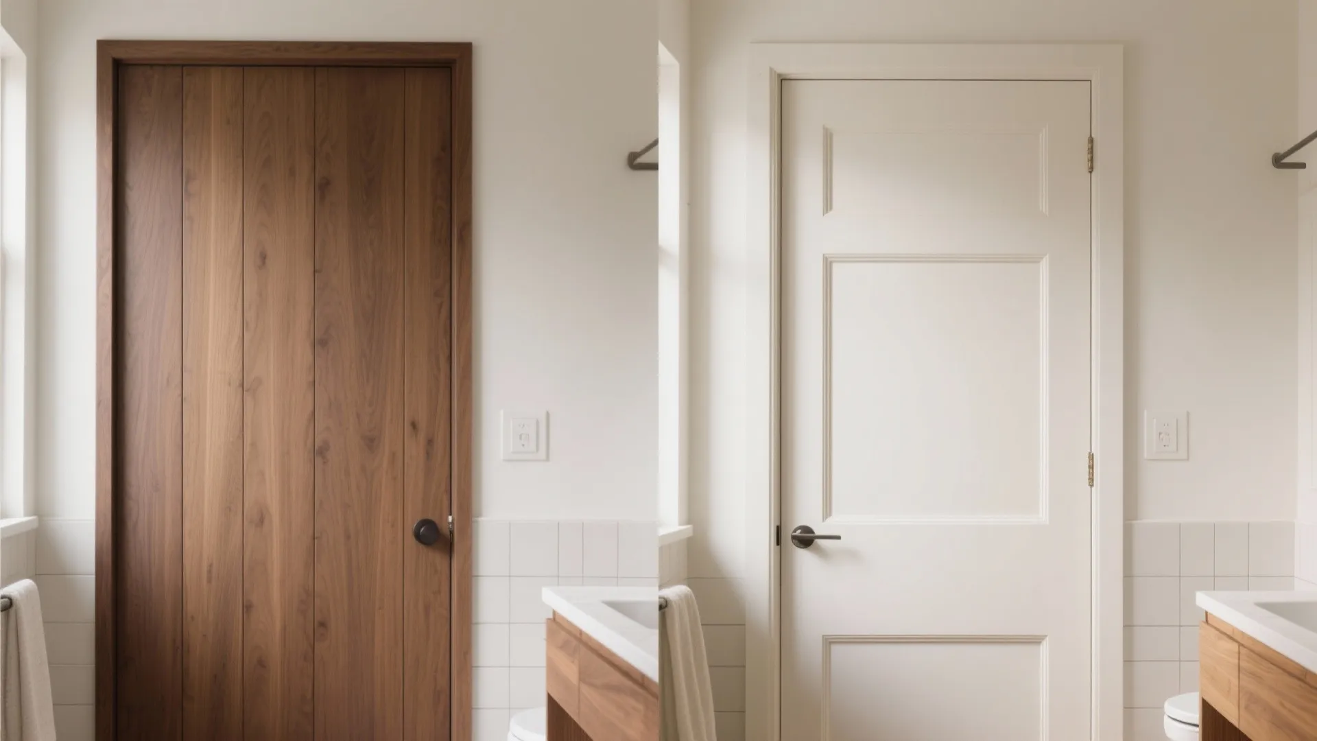 Side-by-side comparison of a flush walnut door and a slim-rail Shaker white oak door.