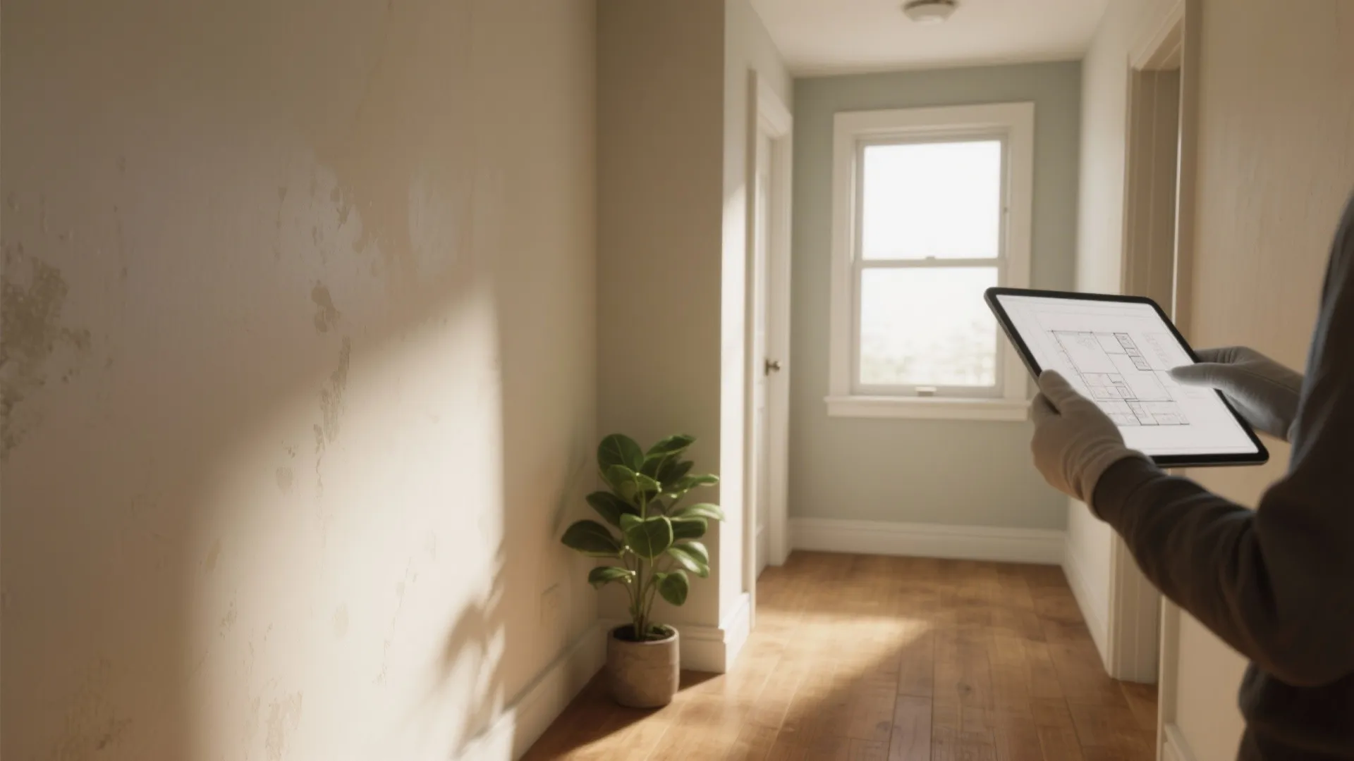 A person holding a tablet showing a floor plan in an empty hallway with light