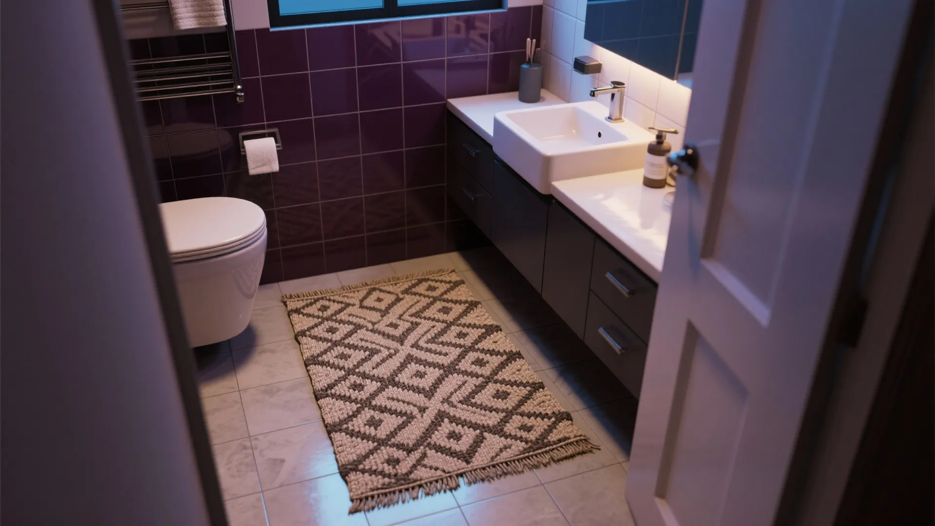 Bathroom with purple wall tiles white toilet dark cabinet white sink and a patterned rug