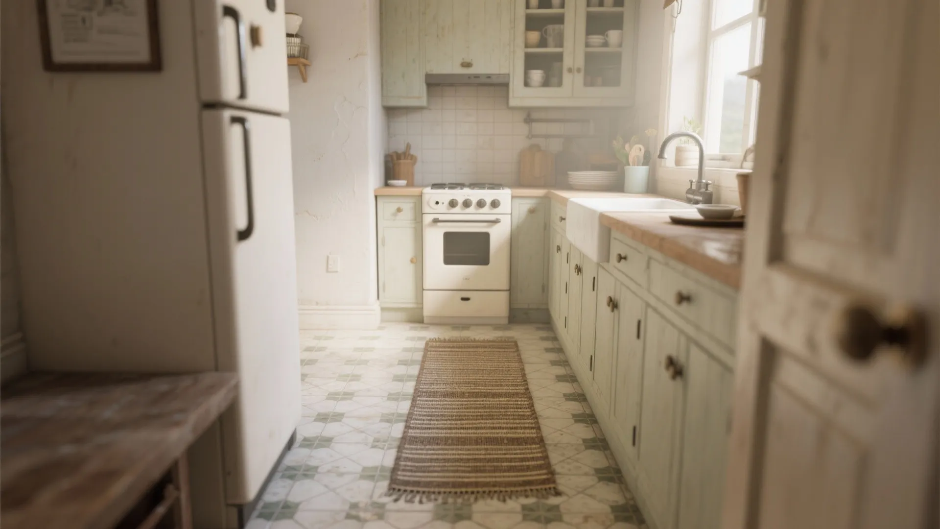 Rustic kitchen with light green cabinets white stove and striped brown rug on floor area