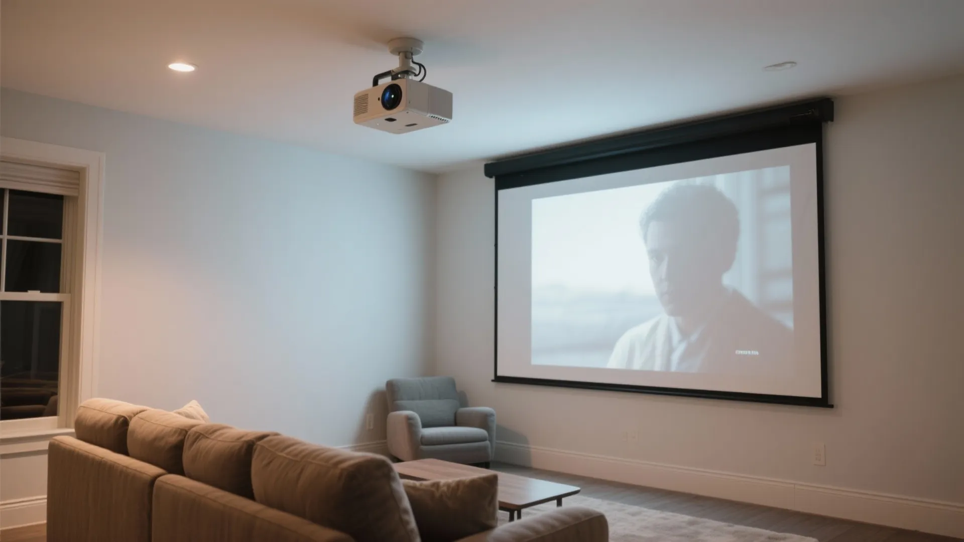 Home theater with a flat white matte painted screen wall and projector setup, showing even reflection and neutral tones.
