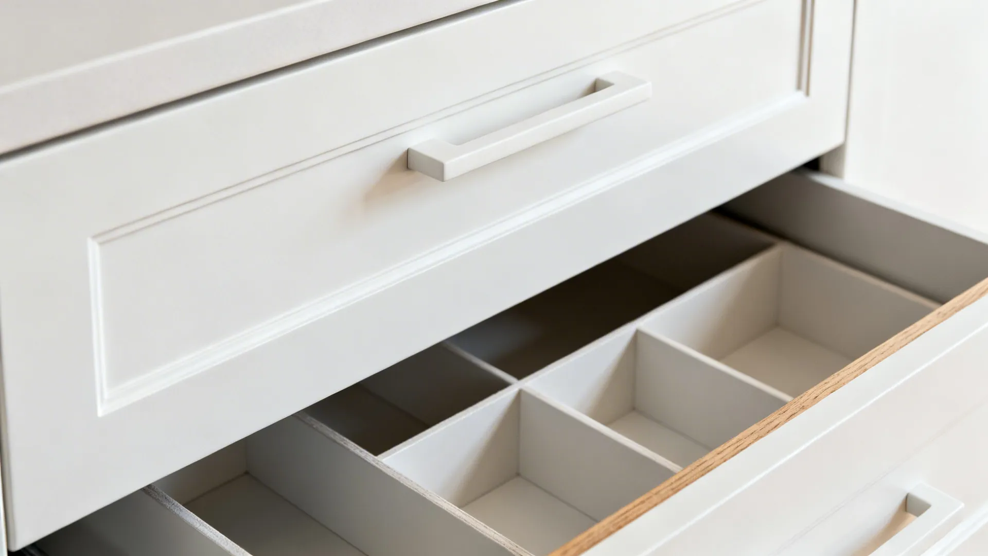 Macro of matte white cabinet with integrated pull and organized soft-close drawer.