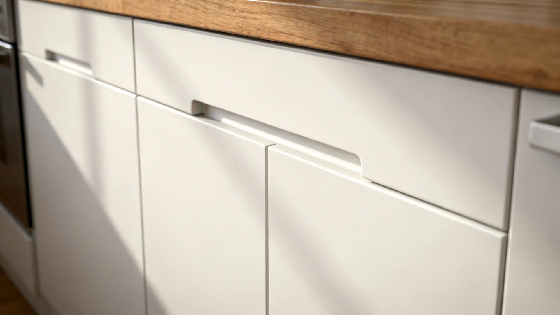 Macro detail of a matte white flat-front cabinet with integrated finger pull in a minimalist kitchen.