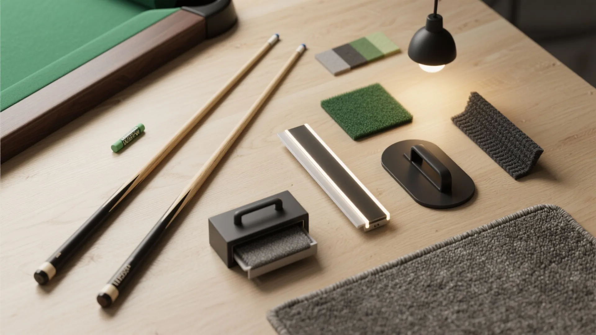 Interior design material board with pool cues, fabric samples, metal handles, and small light fixture