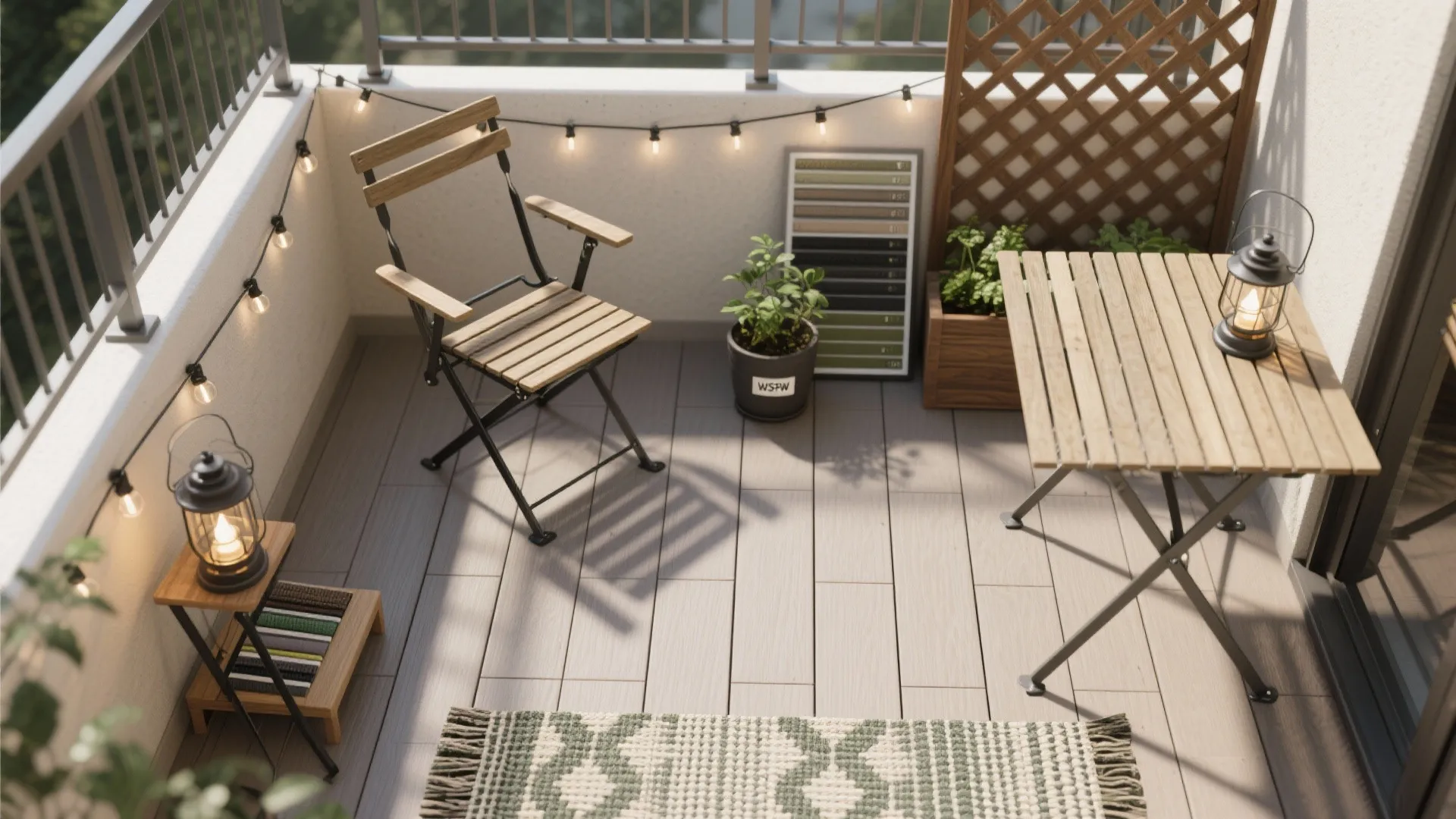 Small balcony with wooden folding chair table string lights plant lantern and green pattern rug