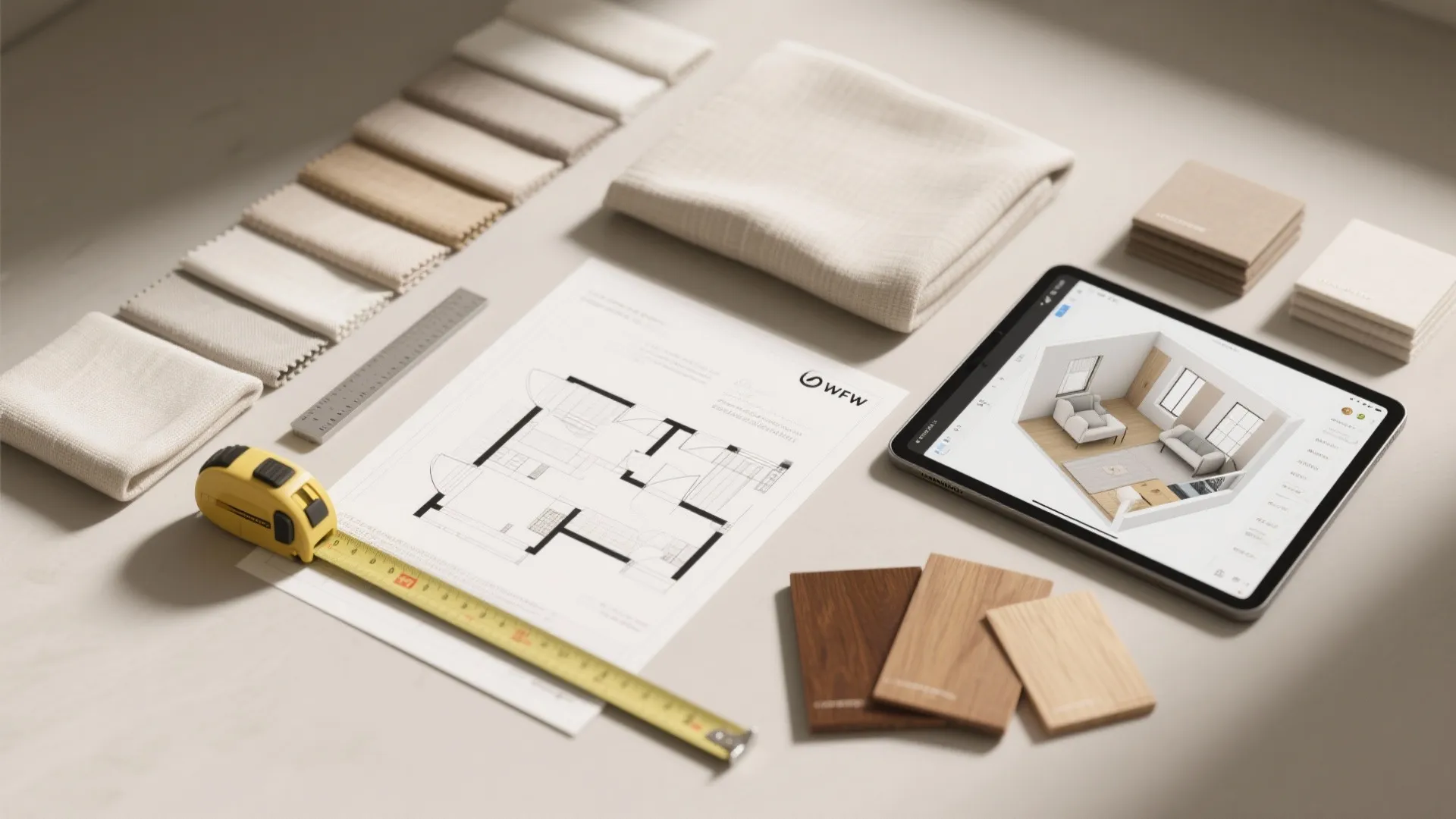 Design materials including fabric swatches wood samples floor plan and tablet showing a 3D room