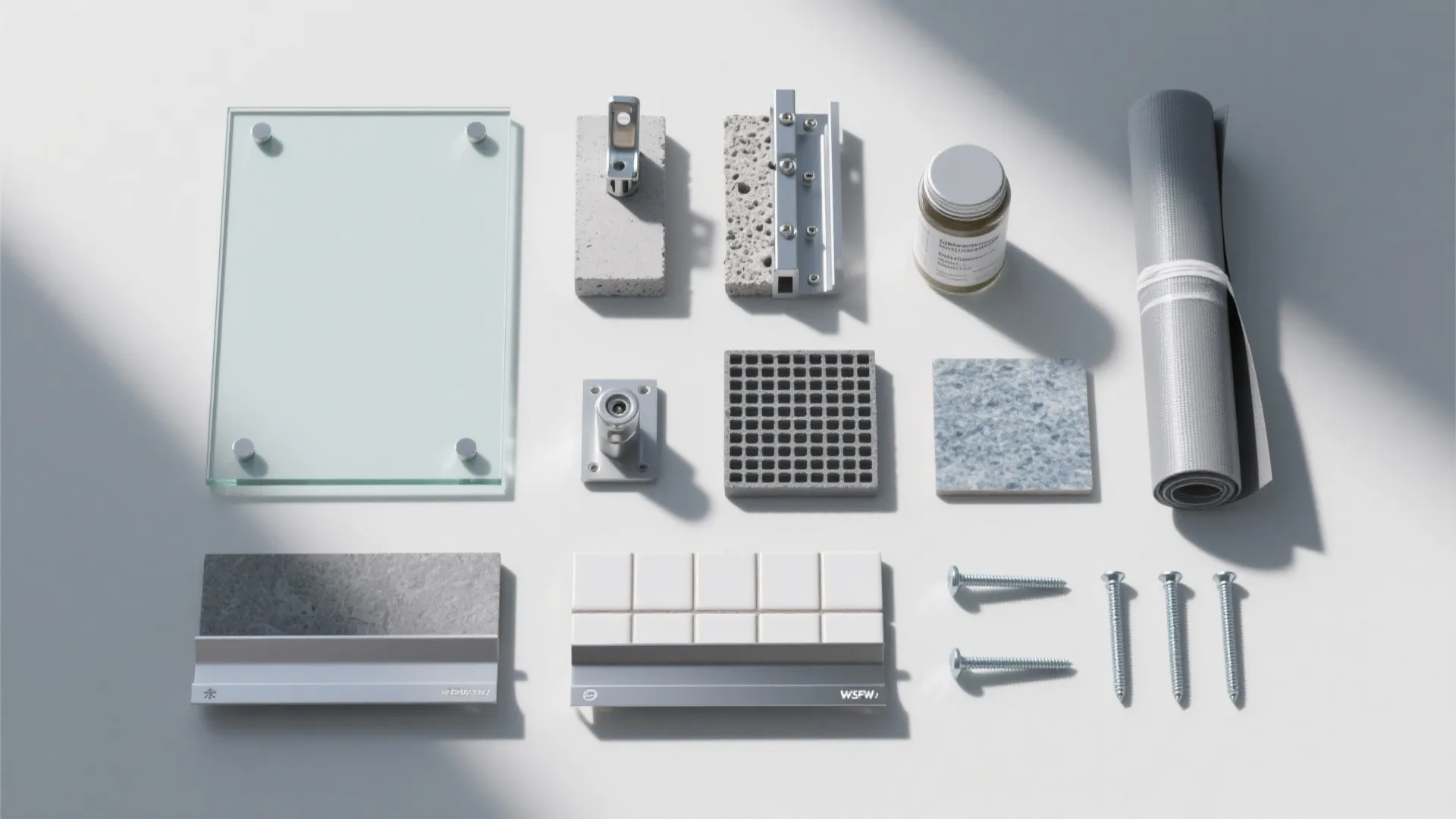 A collection of building materials including glass panel metal parts screws tiles and grey roll