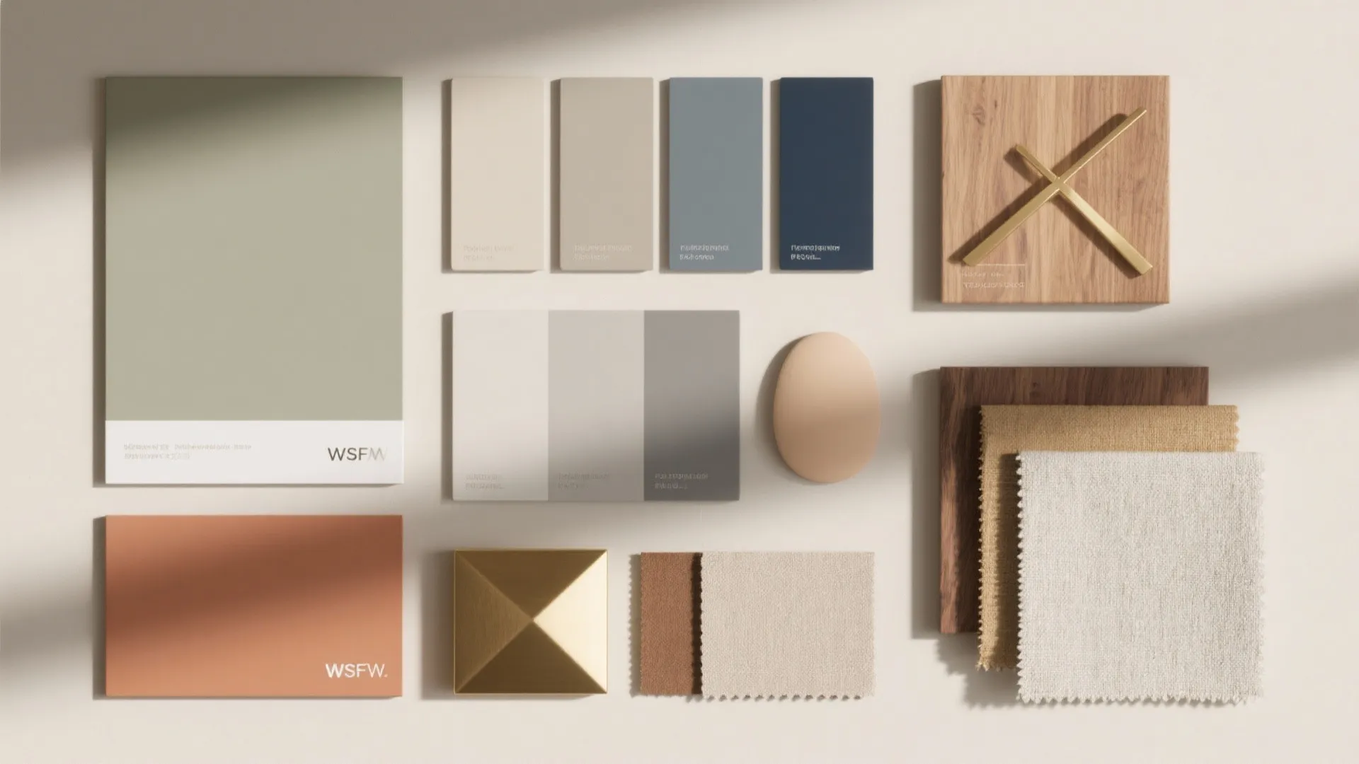 Interior design mood board with paint swatches fabric samples wood pieces and golden metal elements